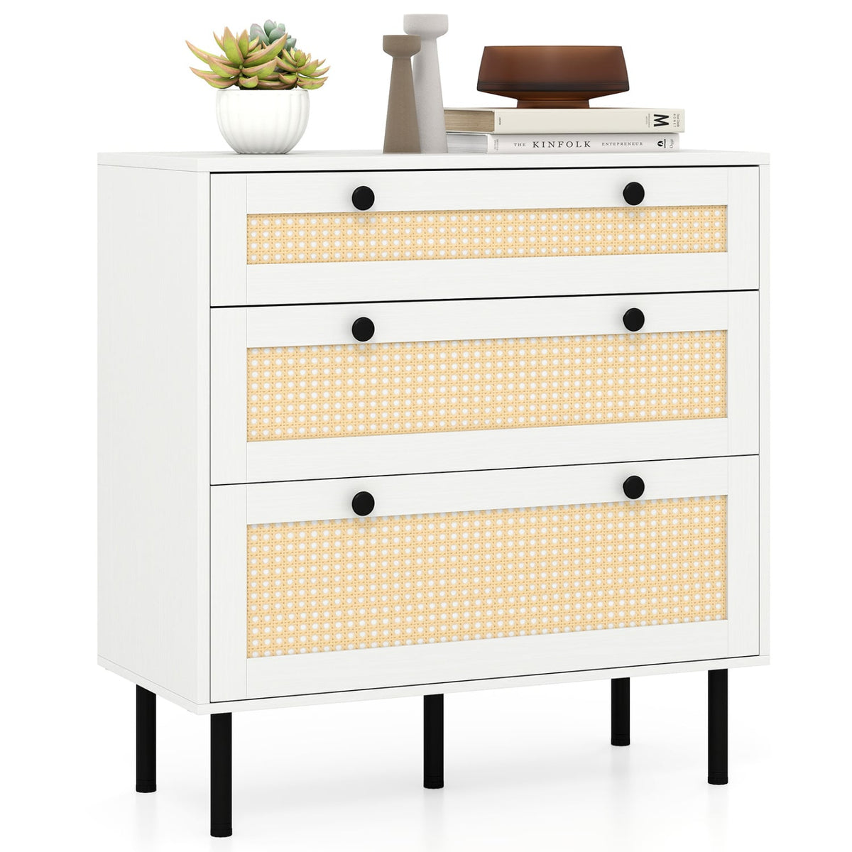 3-Drawer Rattan Nightstand Boho Chest White (min order qty 2)-Dressers & Chests-DECOROLALA