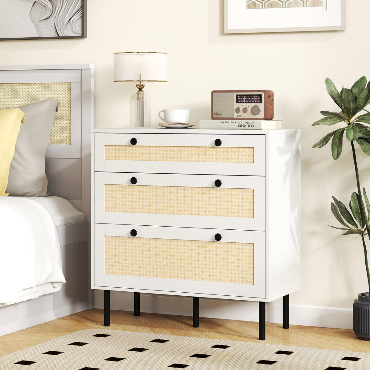 3-Drawer Rattan Nightstand Boho Chest White (min order qty 2)-Dressers & Chests-DECOROLALA