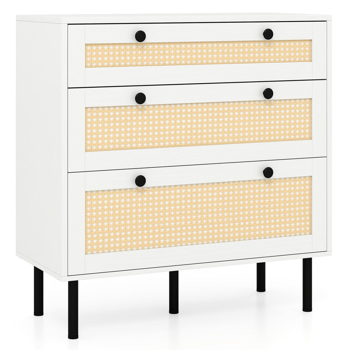 3-Drawer Rattan Nightstand Boho Chest White (min order qty 2)-Dressers & Chests-DECOROLALA