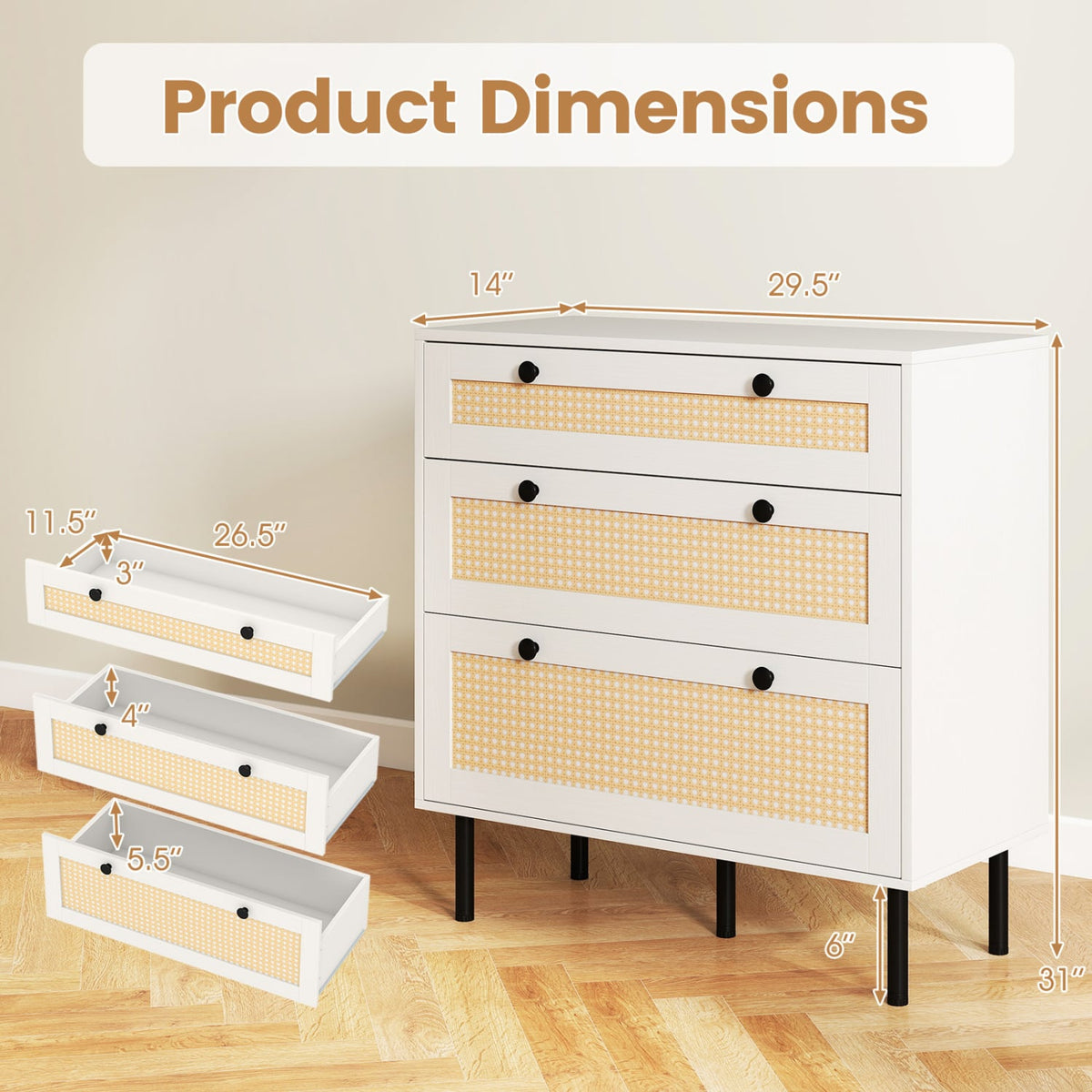 3-Drawer Rattan Nightstand Boho Chest White (min order qty 2)-Dressers & Chests-DECOROLALA