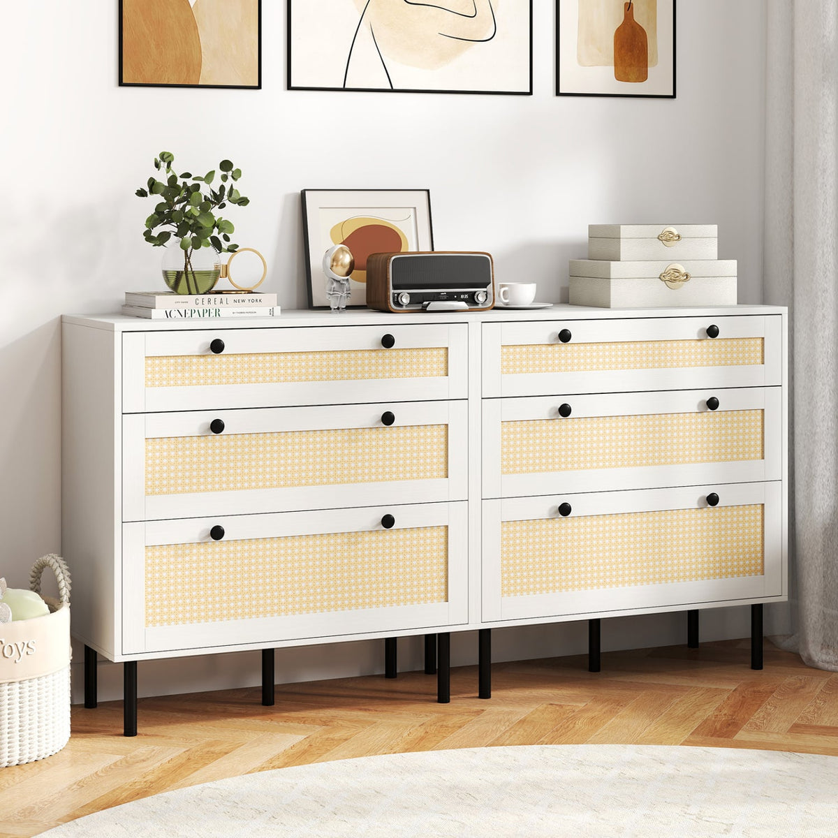 3-Drawer Rattan Nightstand Boho Chest White (min order qty 2)-Dressers & Chests-DECOROLALA