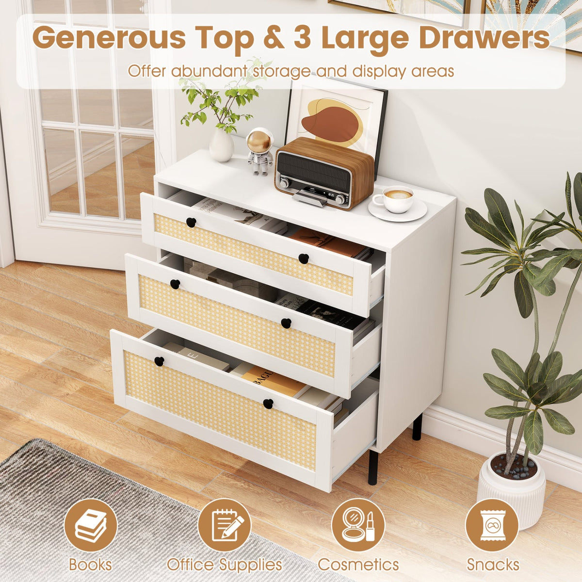 3-Drawer Rattan Nightstand Boho Chest White (min order qty 2)-Dressers & Chests-DECOROLALA