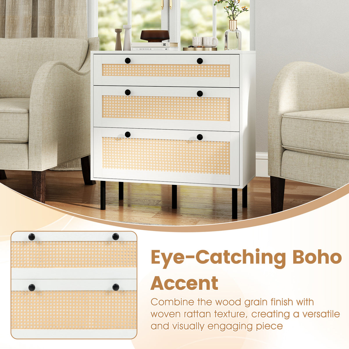 3-Drawer Rattan Nightstand Boho Chest White (min order qty 2)-Dressers & Chests-DECOROLALA