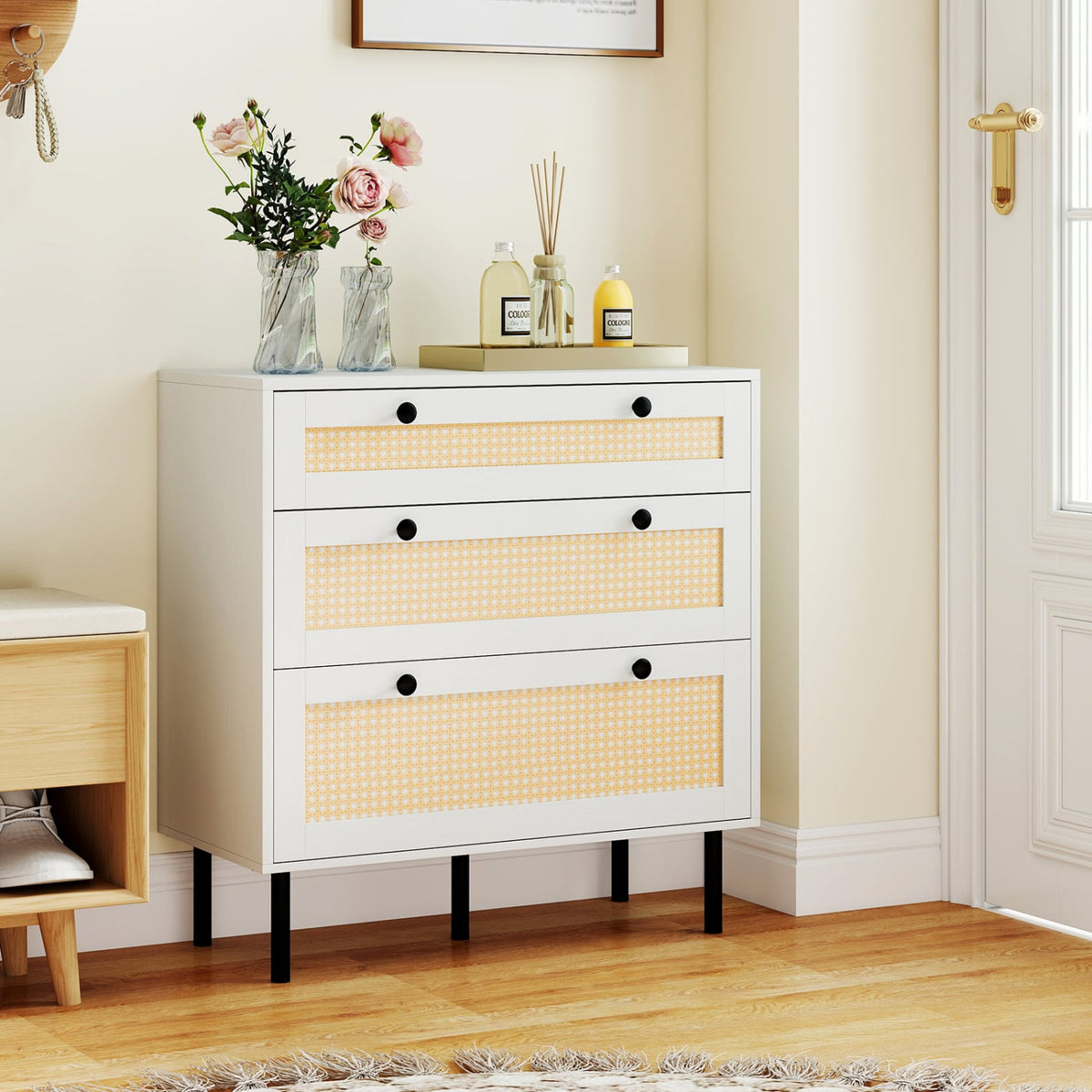 3-Drawer Rattan Nightstand Boho Chest White (min order qty 2)-Dressers & Chests-DECOROLALA