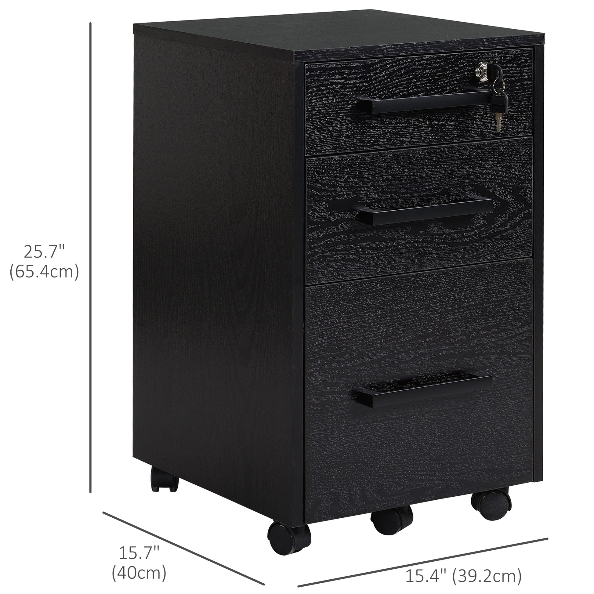 3-Drawer Rolling File Cabinet with Lock - Black 25.7" H-Office Products > Office Furniture > Office Cabinets & Cupboards-DECOROLALA