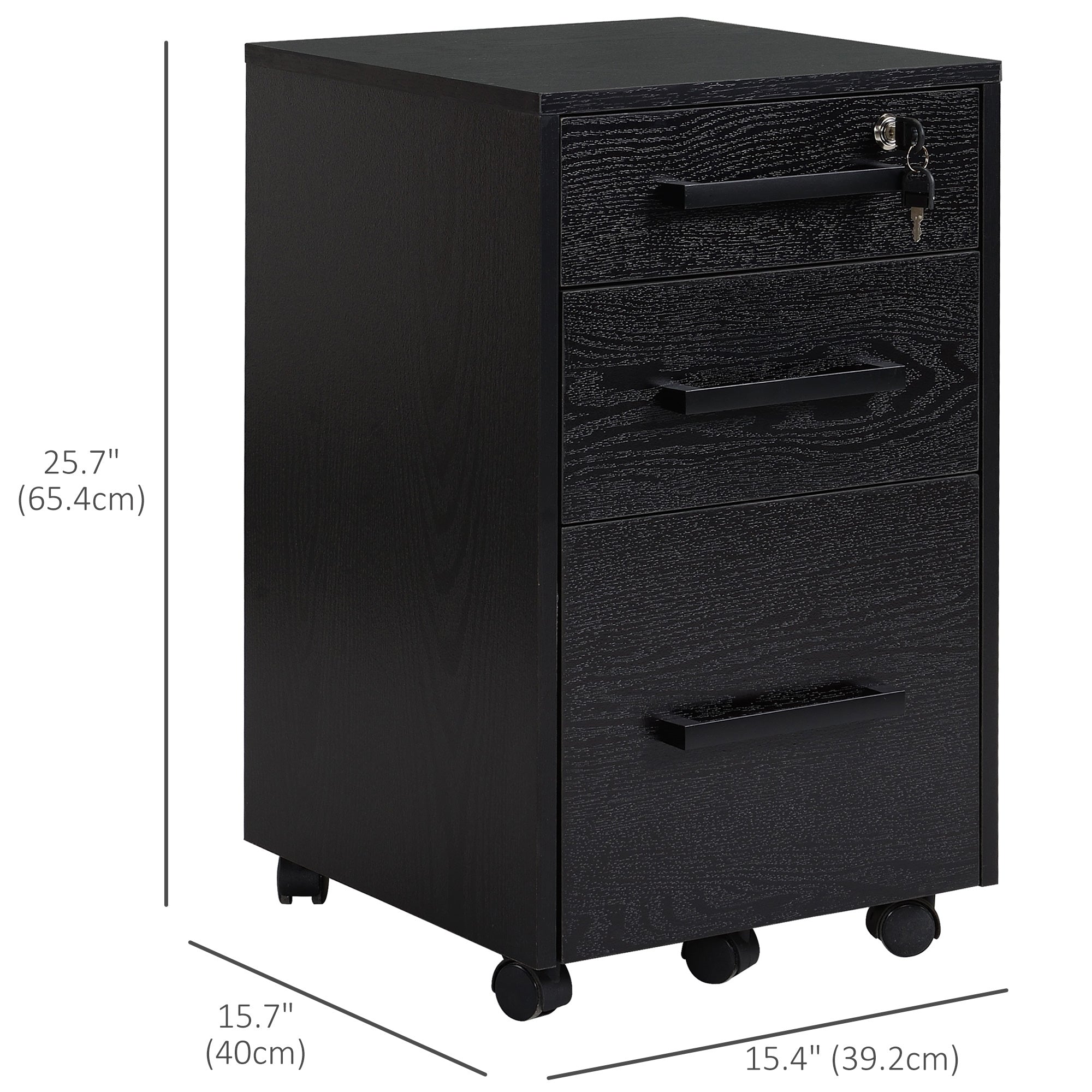 3-Drawer Rolling File Cabinet with Lock - Black 25.7" H-Office Products > Office Furniture > Office Cabinets & Cupboards-DECOROLALA