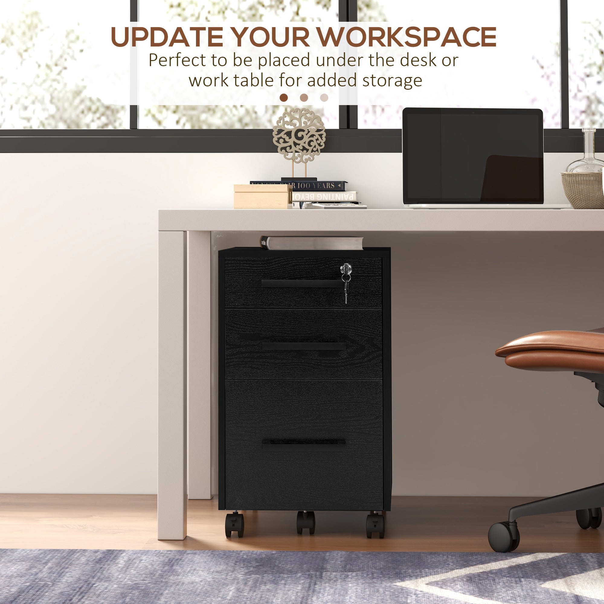 3-Drawer Rolling File Cabinet with Lock - Black 25.7" H-Office Products > Office Furniture > Office Cabinets & Cupboards-DECOROLALA