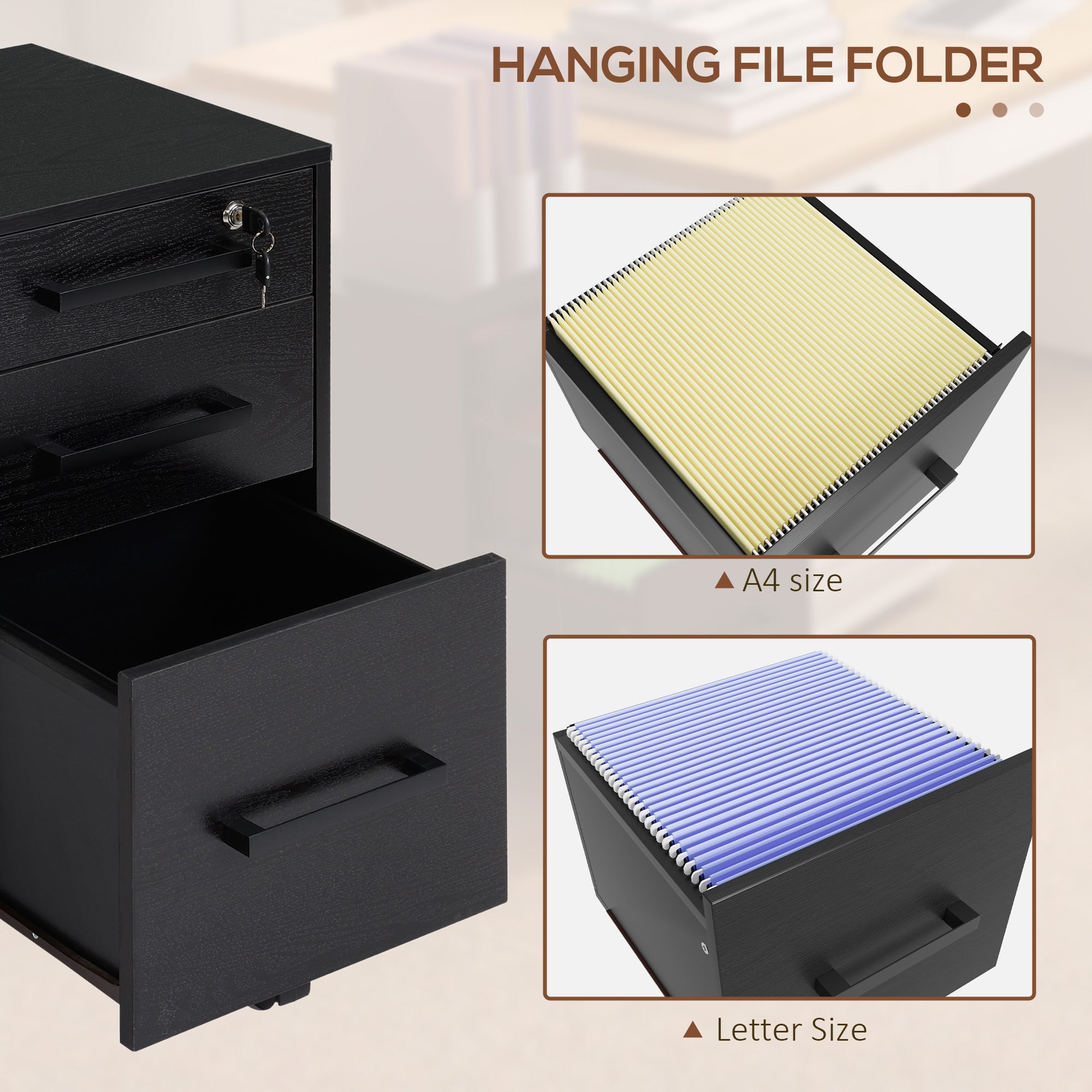 3-Drawer Rolling File Cabinet with Lock - Black 25.7" H-Office Products > Office Furniture > Office Cabinets & Cupboards-DECOROLALA