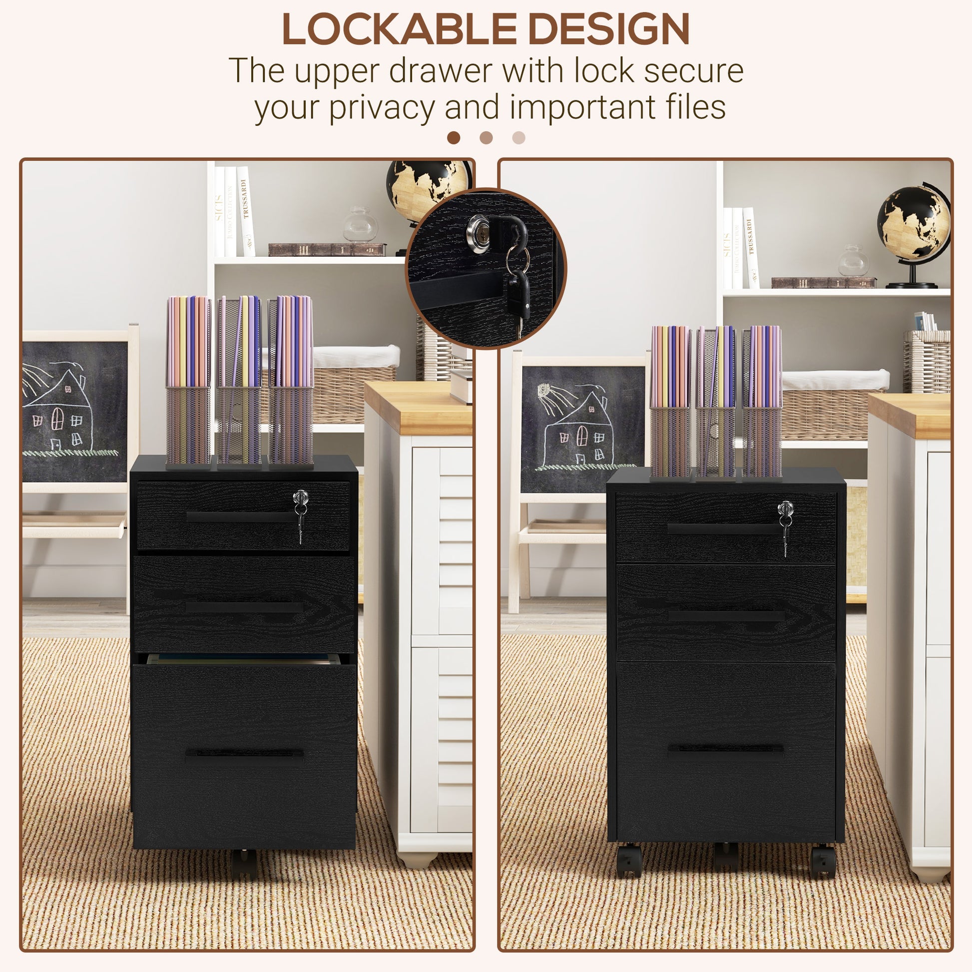 3-Drawer Rolling File Cabinet with Lock - Black 25.7" H-Office Products > Office Furniture > Office Cabinets & Cupboards-DECOROLALA