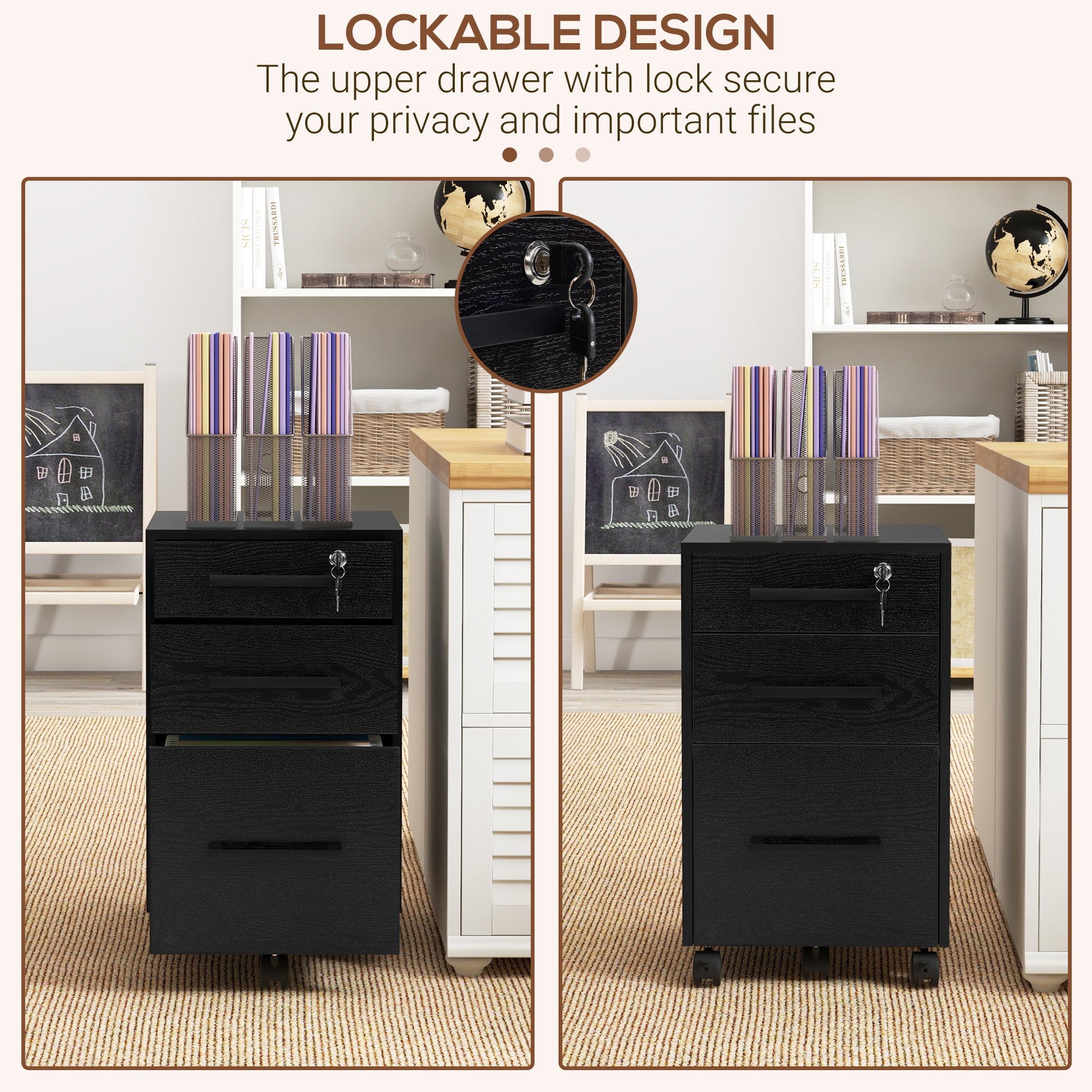 3-Drawer Rolling File Cabinet with Lock - Black 25.7" H-Office Products > Office Furniture > Office Cabinets & Cupboards-DECOROLALA