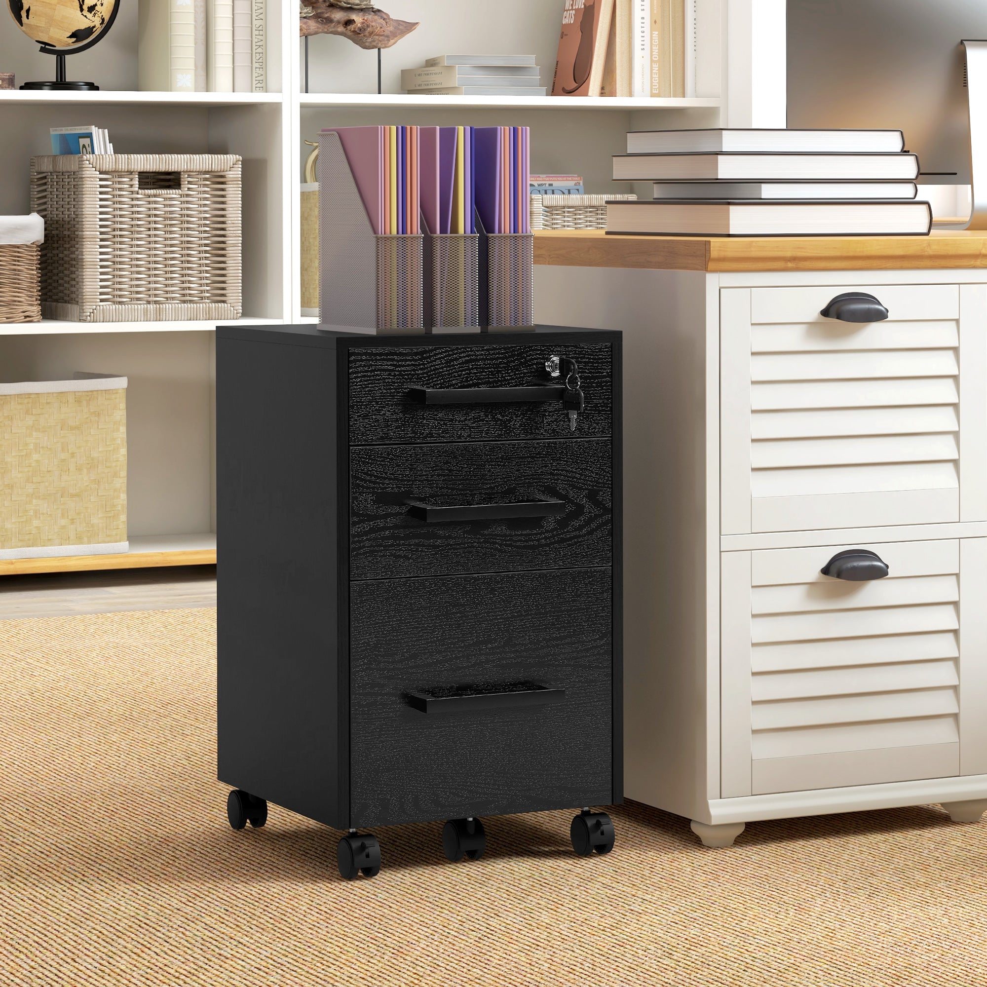 3-Drawer Rolling File Cabinet with Lock - Black 25.7" H-Office Products > Office Furniture > Office Cabinets & Cupboards-DECOROLALA