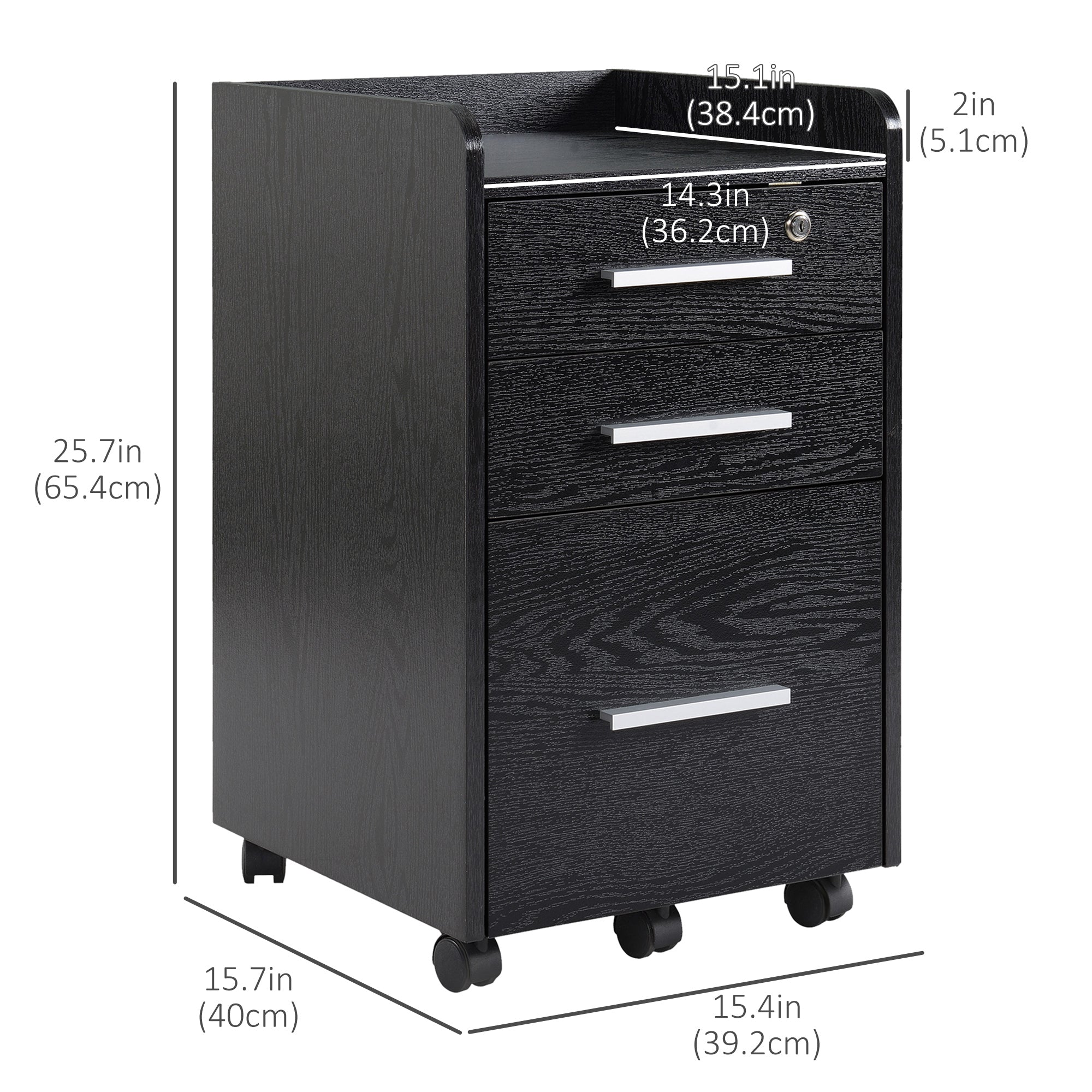 3-Drawer Rolling File Cabinet with Lock - Black-Office Products > Office Furniture > Office Cabinets & Cupboards-DECOROLALA