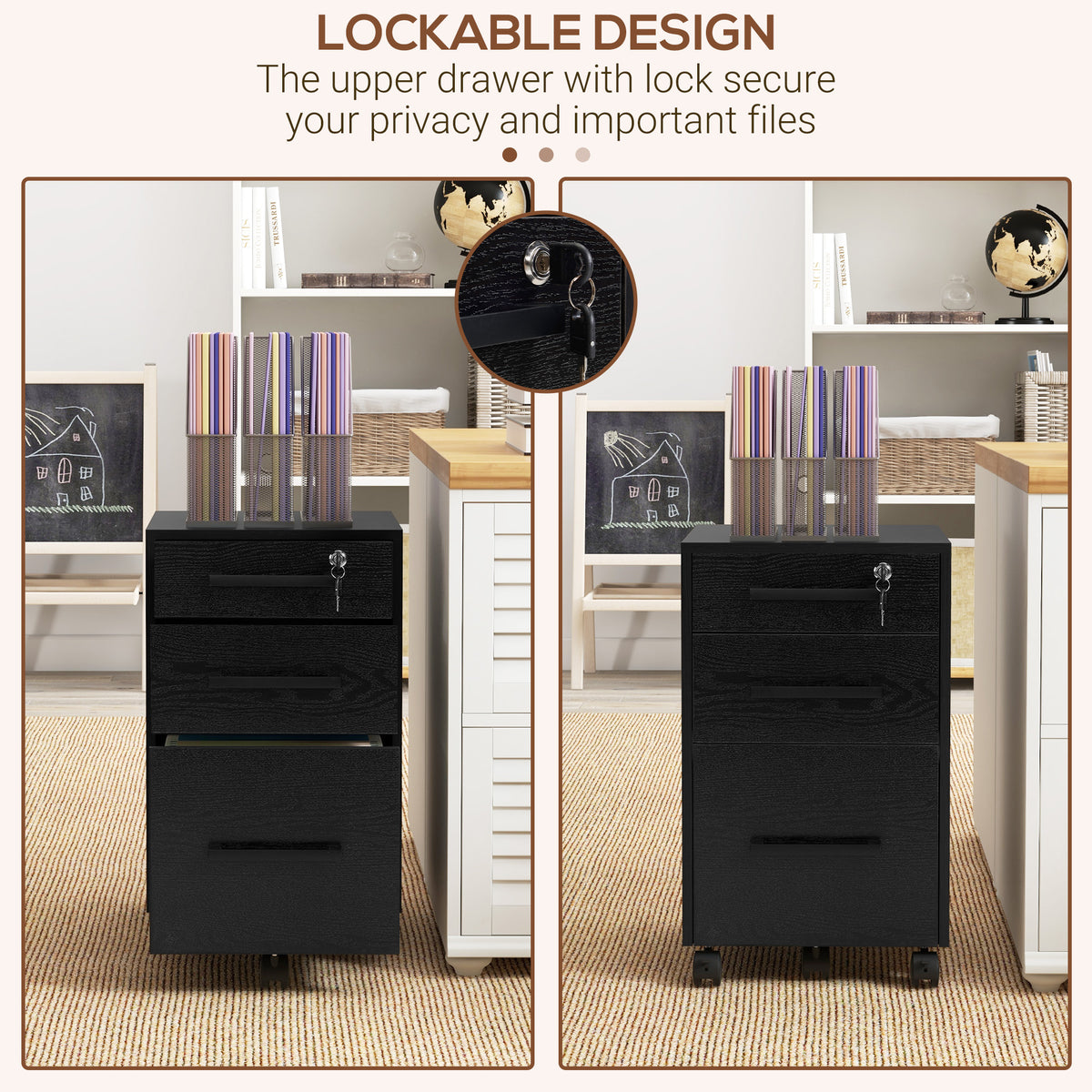 3-Drawer Rolling File Cabinet with Lock - Black-Office Storage Cabinets-DECOROLALA
