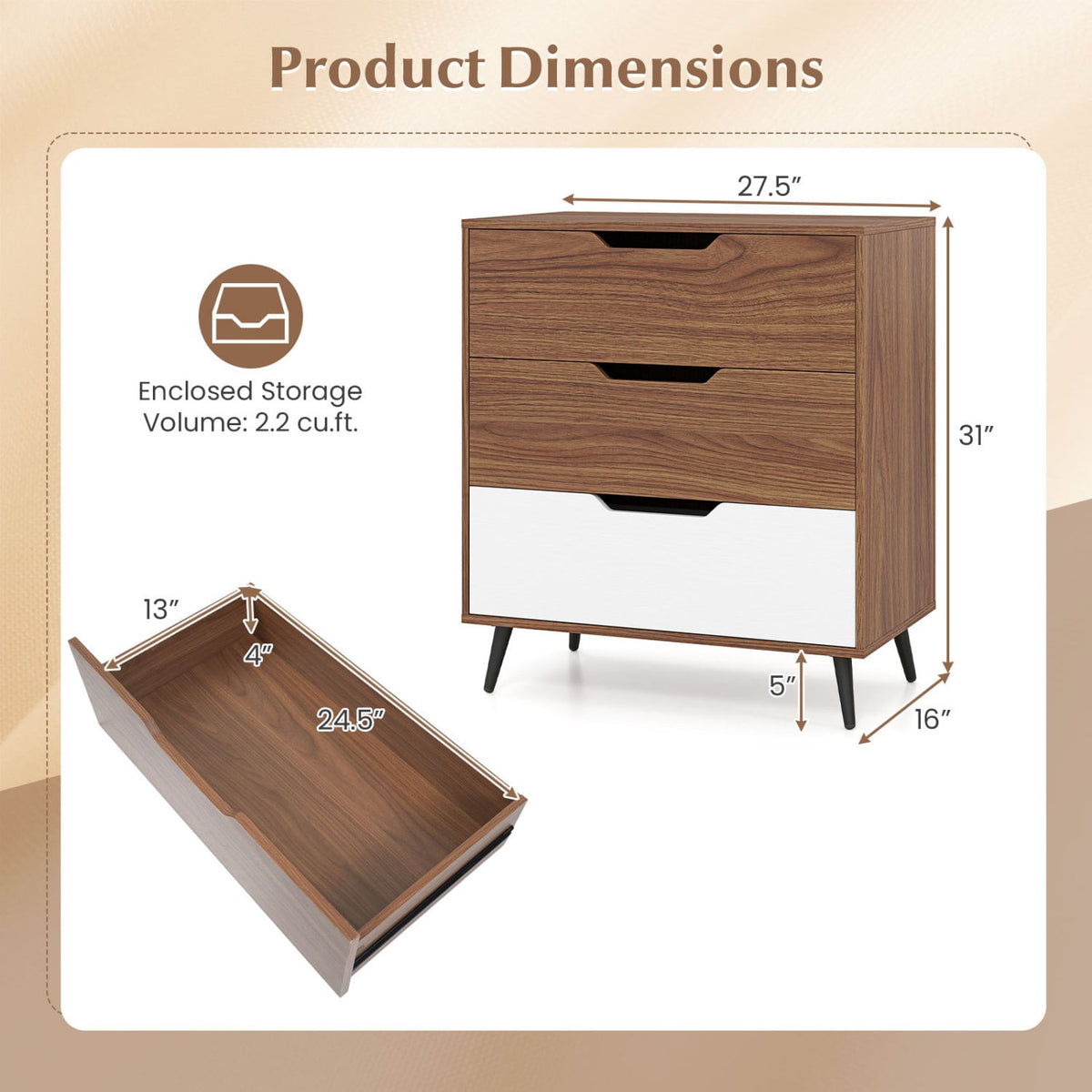 3-Drawer Rustic Farmhouse Dresser - Walnut (min order qty 2)-Dressers & Chests-DECOROLALA