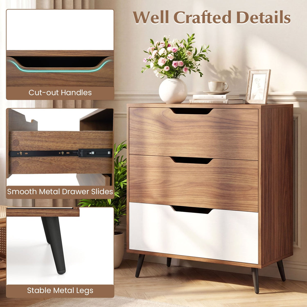 3-Drawer Rustic Farmhouse Dresser - Walnut (min order qty 2)-Dressers & Chests-DECOROLALA
