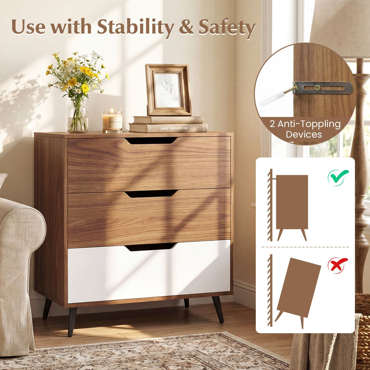 3-Drawer Rustic Farmhouse Dresser - Walnut (min order qty 2)-Dressers & Chests-DECOROLALA