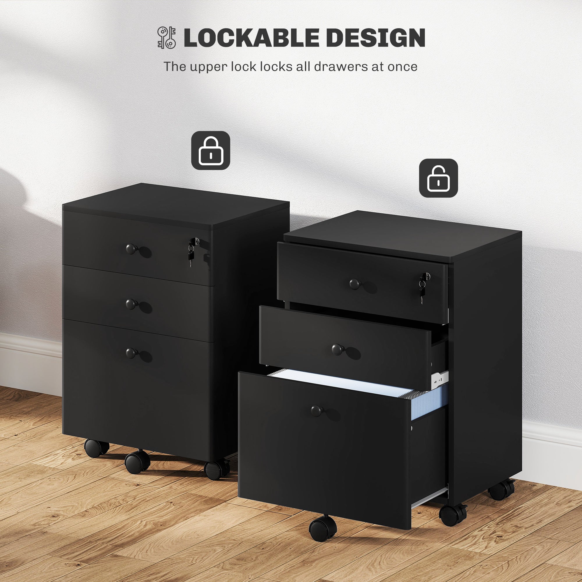 3-Drawer Small Filing Cabinet with Lock, Vertical Office Storage Cabinet with Wheels for Home Office, Black-Office Products > Office Furniture > Office Cabinets & Cupboards-DECOROLALA