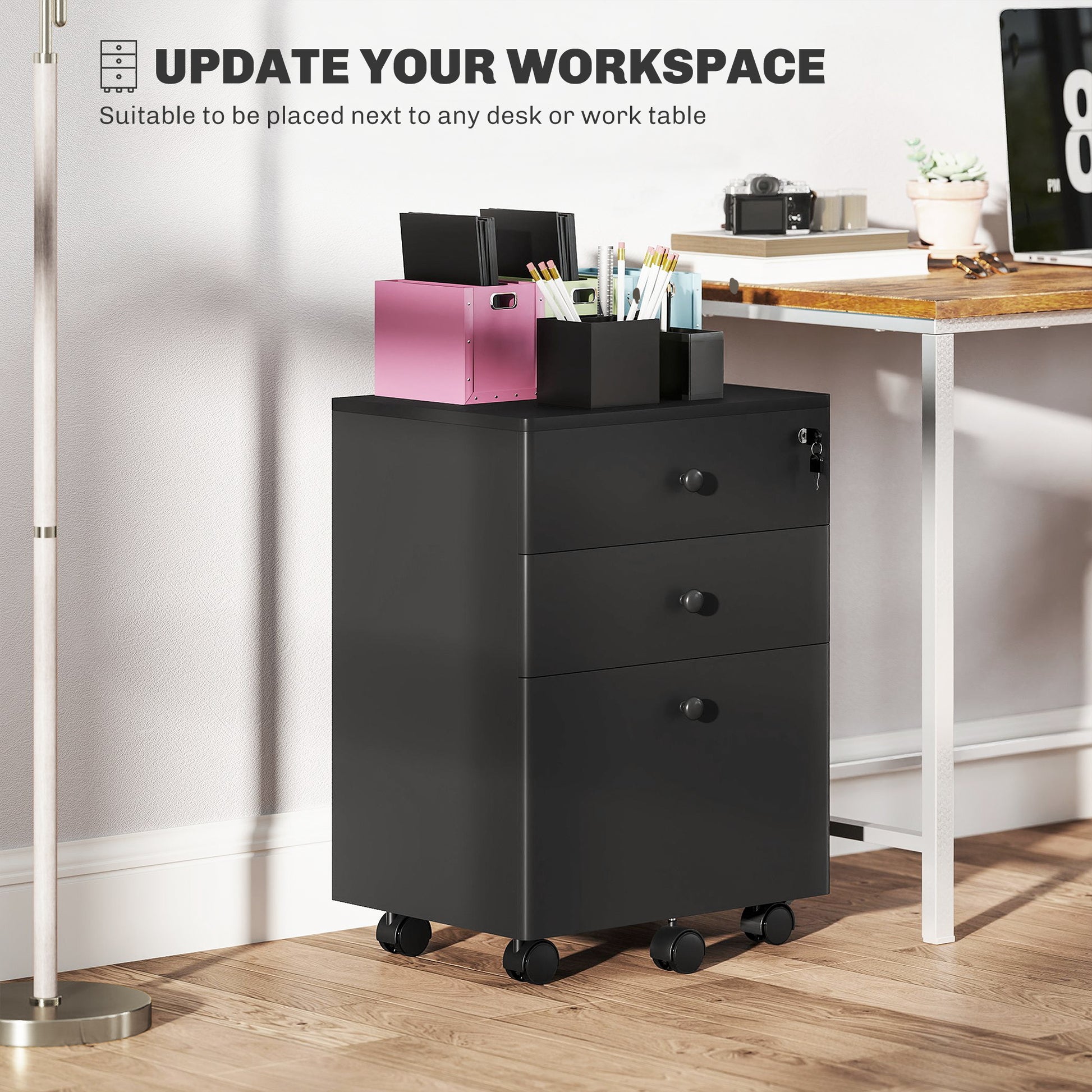 3-Drawer Small Filing Cabinet with Lock, Vertical Office Storage Cabinet with Wheels for Home Office, Black-Office Products > Office Furniture > Office Cabinets & Cupboards-DECOROLALA
