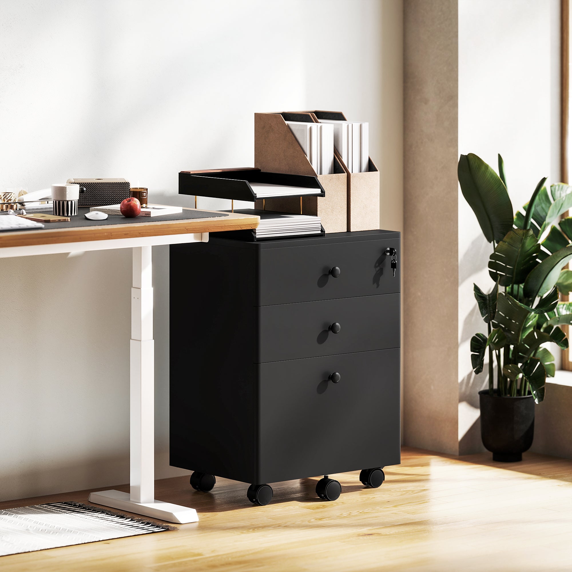3-Drawer Small Filing Cabinet with Lock, Vertical Office Storage Cabinet with Wheels for Home Office, Black-Office Products > Office Furniture > Office Cabinets & Cupboards-DECOROLALA