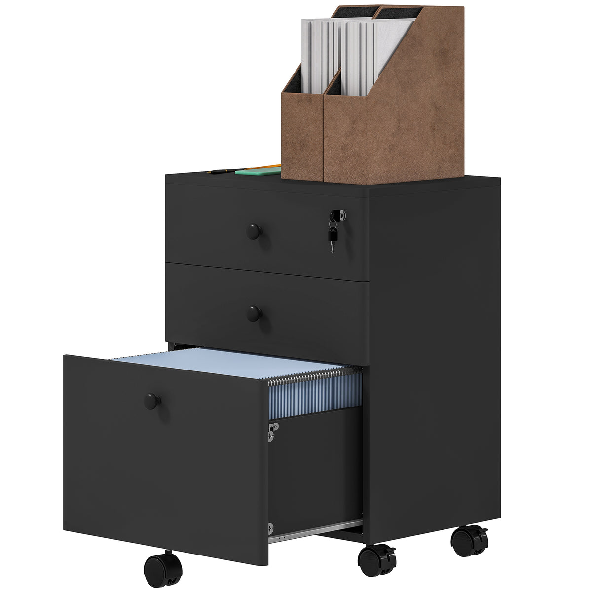 3-Drawer Small Filing Cabinet with Lock, Vertical Office Storage Cabinet with Wheels for Home Office, Black-Office Storage Cabinets-DECOROLALA