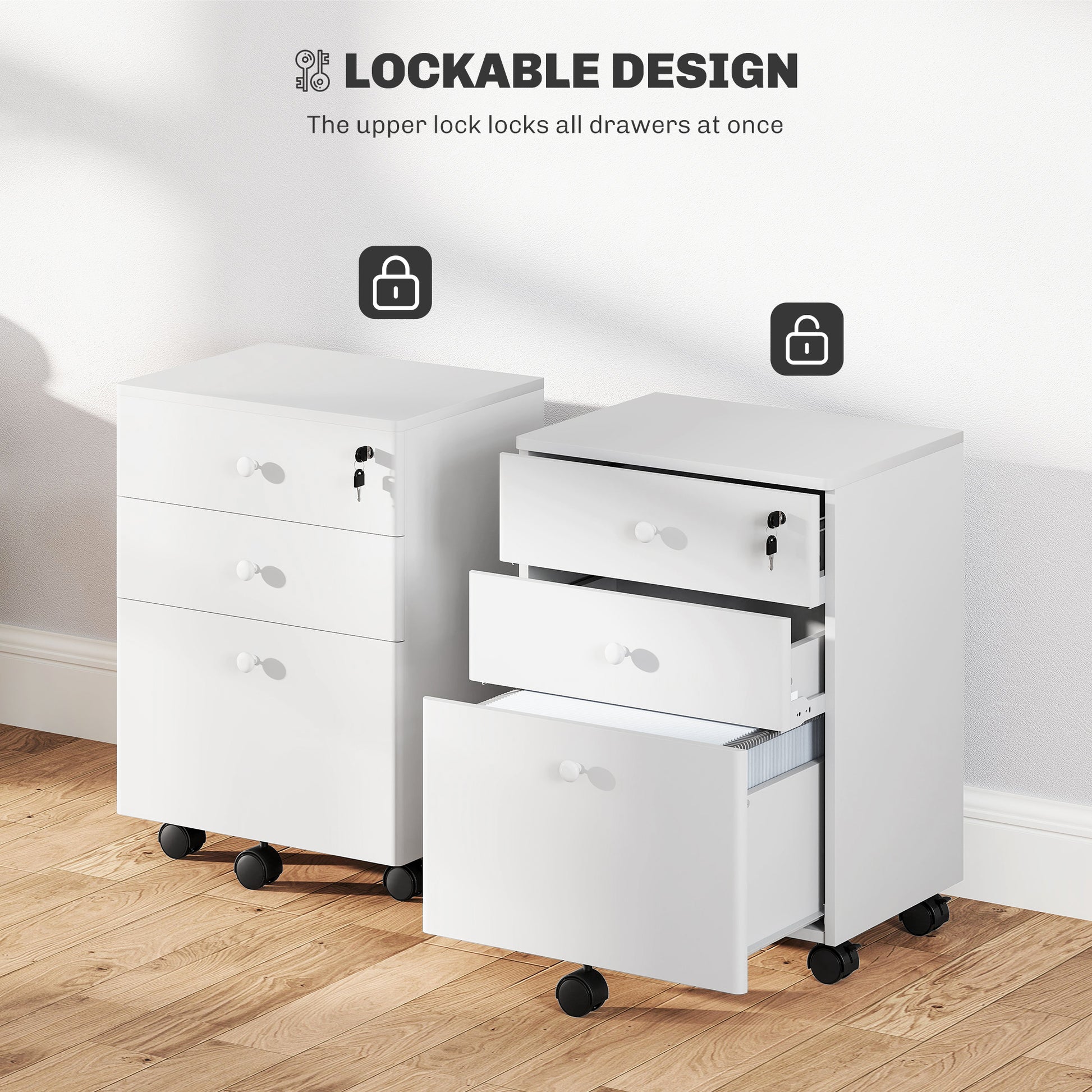 3-Drawer Small Filing Cabinet with Lock, Vertical Office Storage Cabinet with Wheels for Home Office, White-Office Products > Office Furniture > Office Cabinets & Cupboards-DECOROLALA