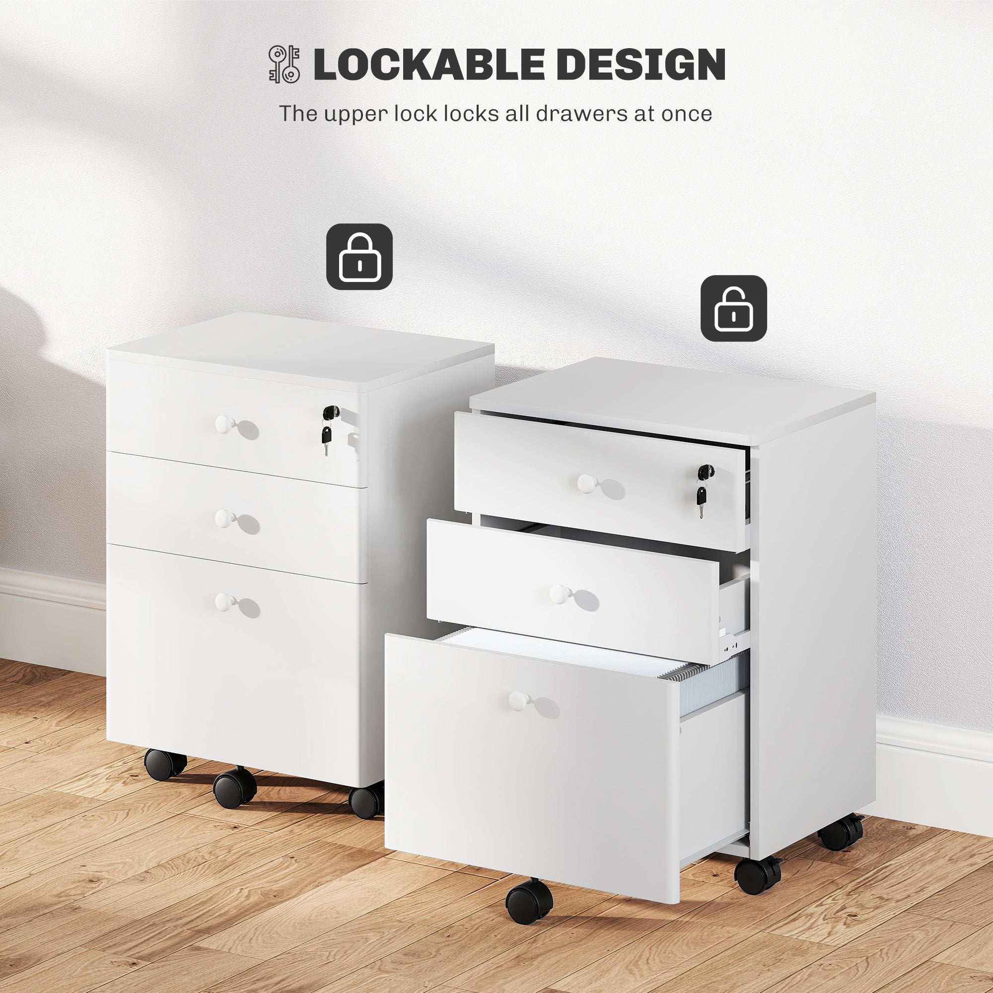 3-Drawer Small Filing Cabinet with Lock, Vertical Office Storage Cabinet with Wheels for Home Office, White-Office Products > Office Furniture > Office Cabinets & Cupboards-DECOROLALA