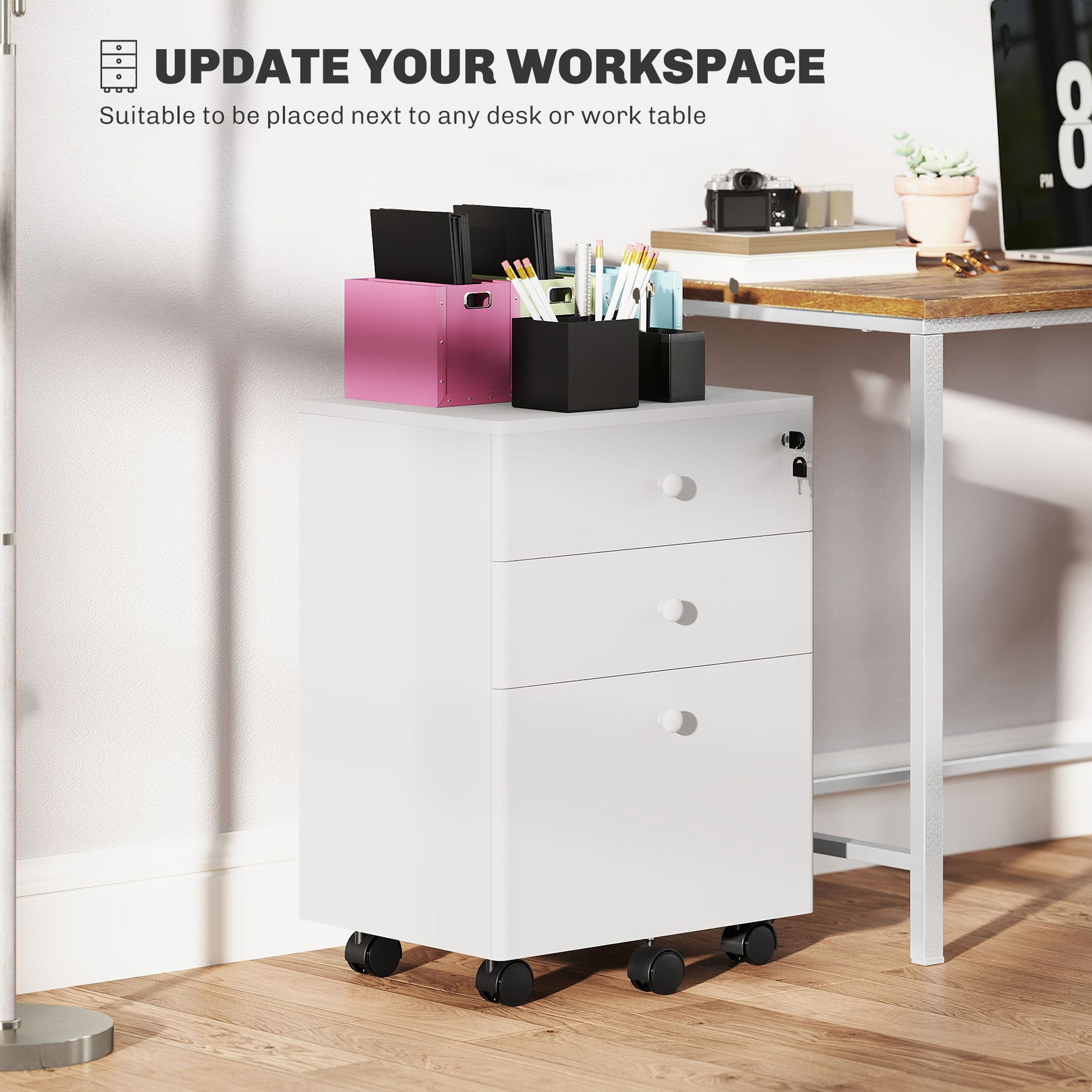 3-Drawer Small Filing Cabinet with Lock, Vertical Office Storage Cabinet with Wheels for Home Office, White-Office Products > Office Furniture > Office Cabinets & Cupboards-DECOROLALA