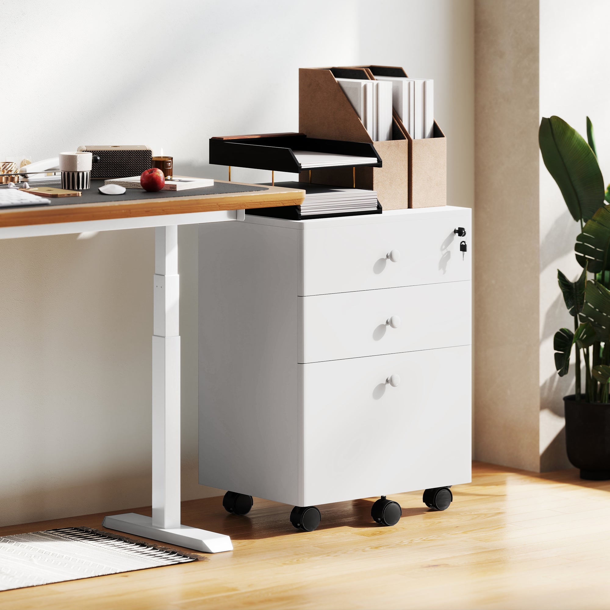3-Drawer Small Filing Cabinet with Lock, Vertical Office Storage Cabinet with Wheels for Home Office, White-Office Products > Office Furniture > Office Cabinets & Cupboards-DECOROLALA