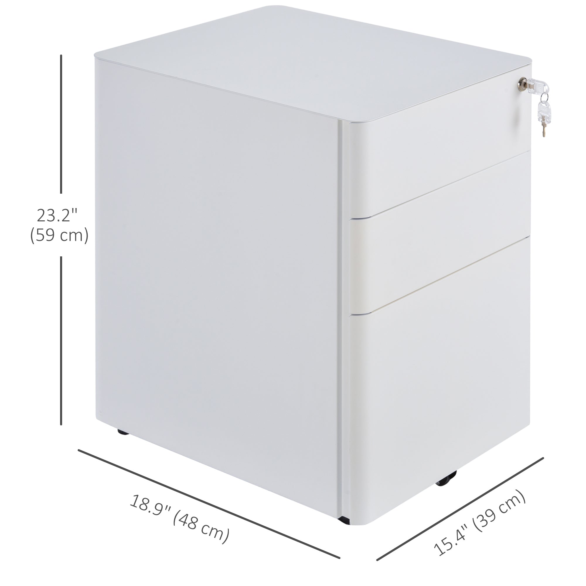 3 Drawer Steel Filing Cabinet - White with Lock & Wheels-DECOROLALA