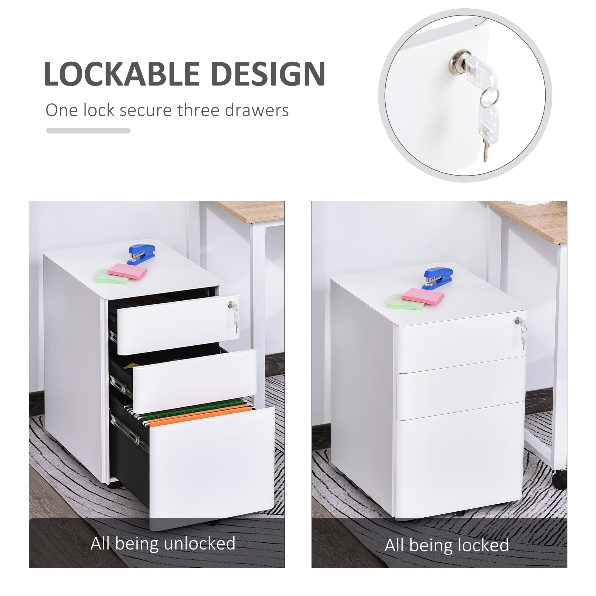 3 Drawer Steel Filing Cabinet - White with Lock & Wheels-DECOROLALA