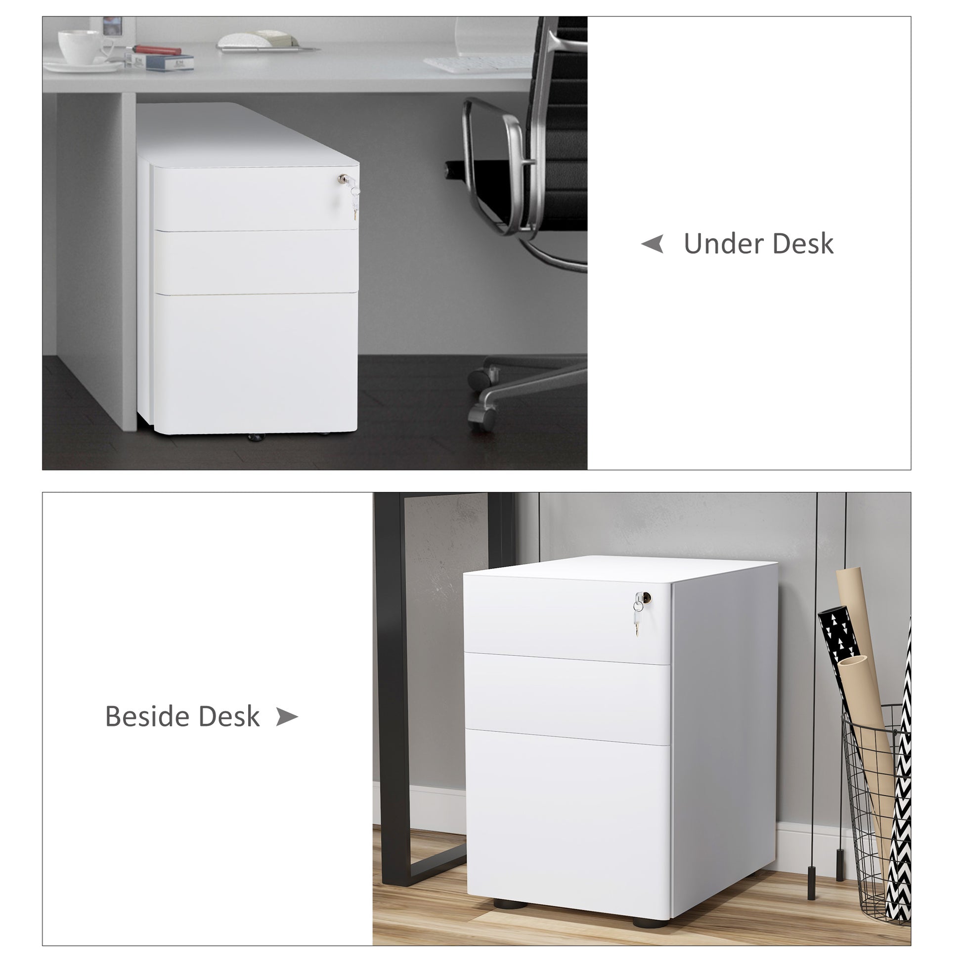 3 Drawer Steel Filing Cabinet - White with Lock & Wheels-DECOROLALA