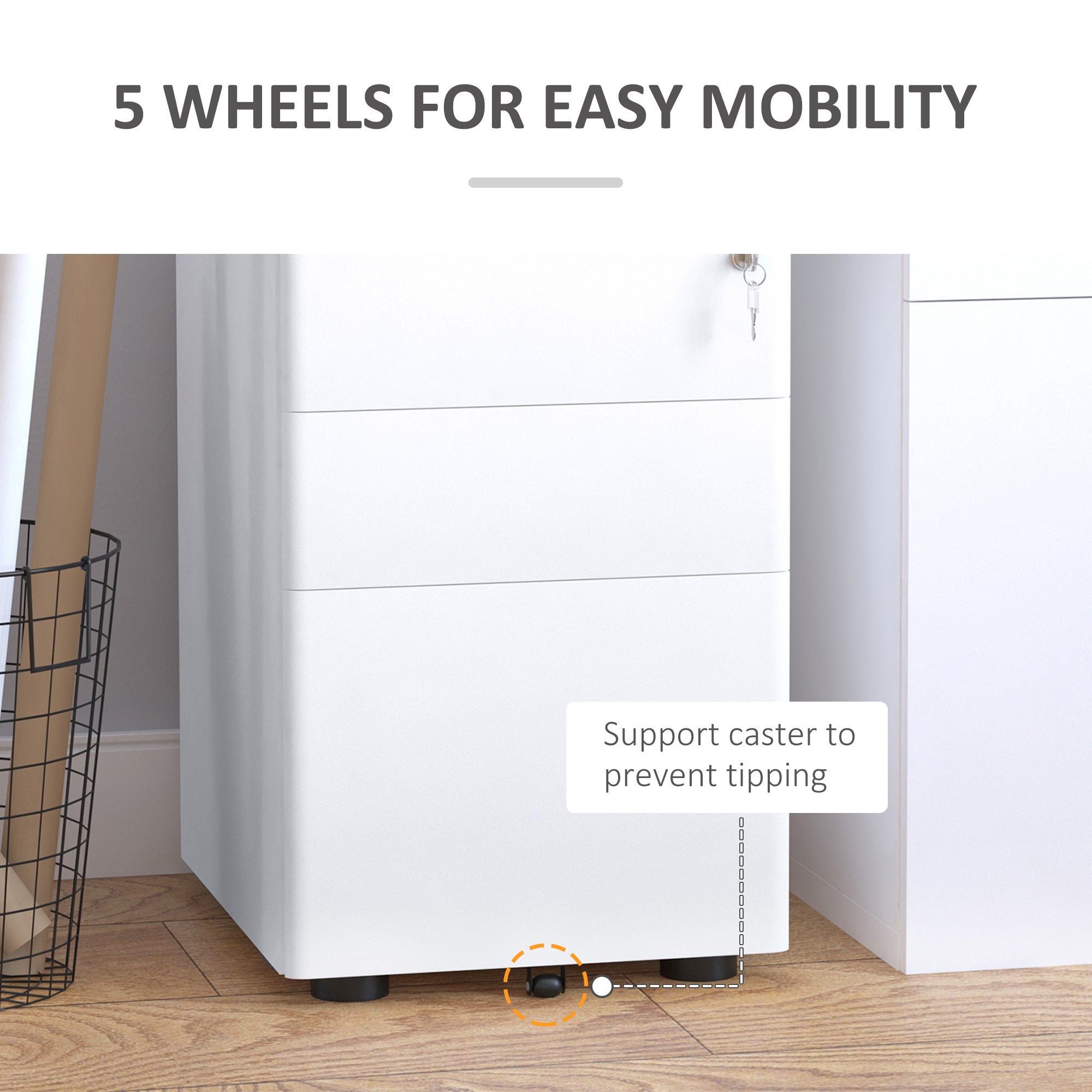 3 Drawer Steel Filing Cabinet - White with Lock & Wheels-DECOROLALA