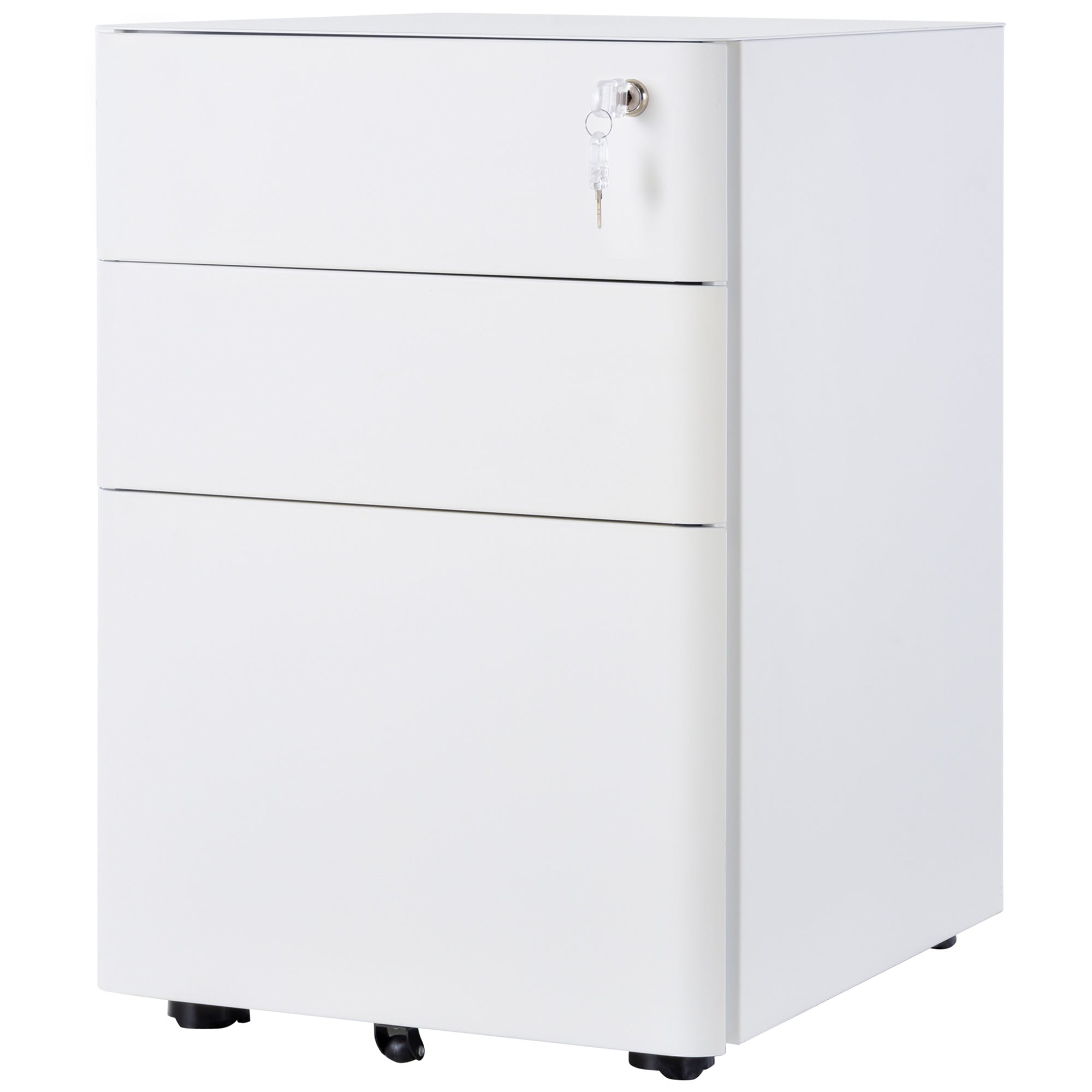 3 Drawer Steel Filing Cabinet - White with Lock & Wheels-DECOROLALA
