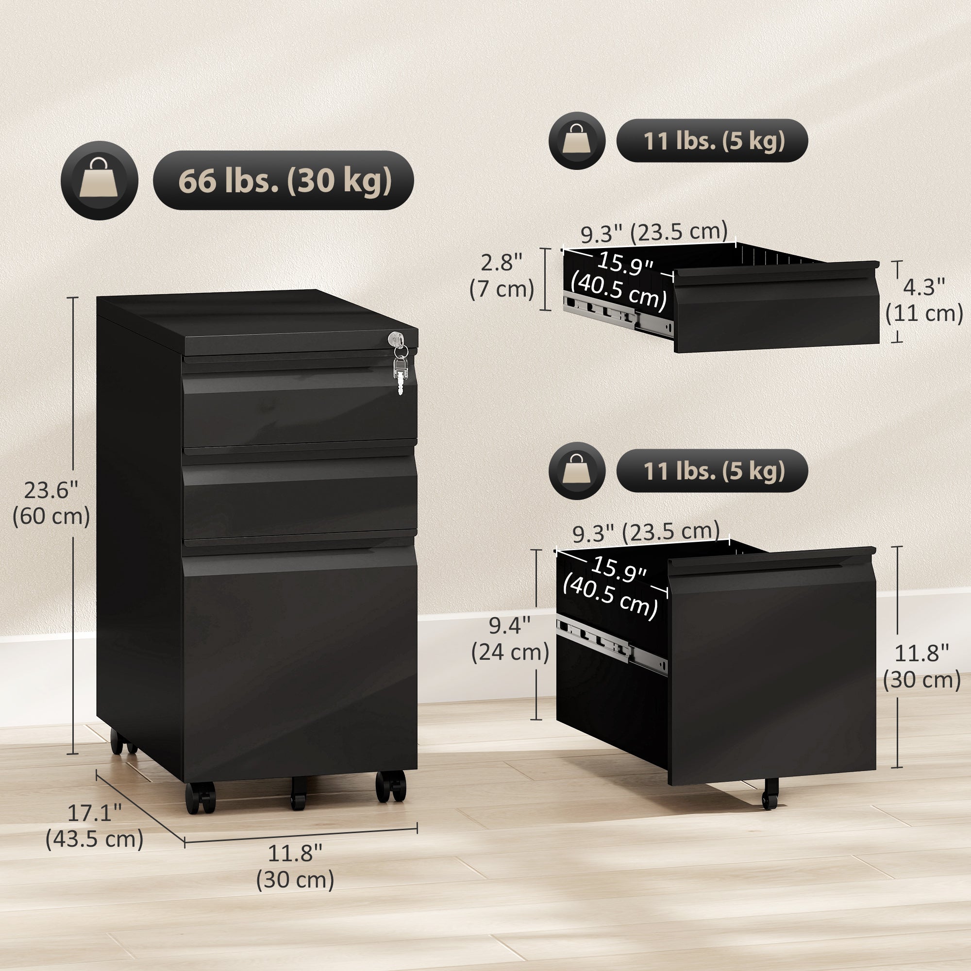 3-Drawer Steel Filing Cabinet with Lock - Black 24" H-Office Products > Office Furniture > Office Cabinets & Cupboards-DECOROLALA