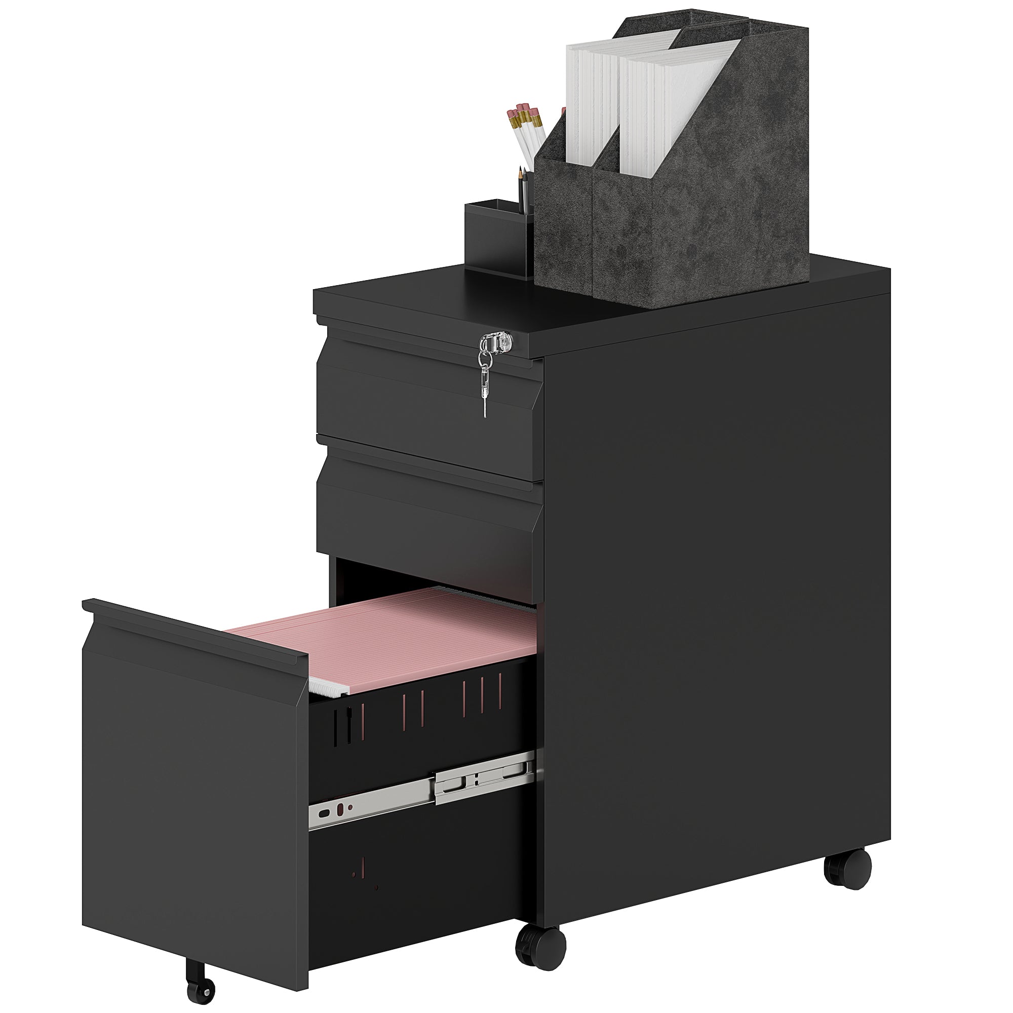 3-Drawer Steel Filing Cabinet with Lock - Black 24" H-Office Products > Office Furniture > Office Cabinets & Cupboards-DECOROLALA