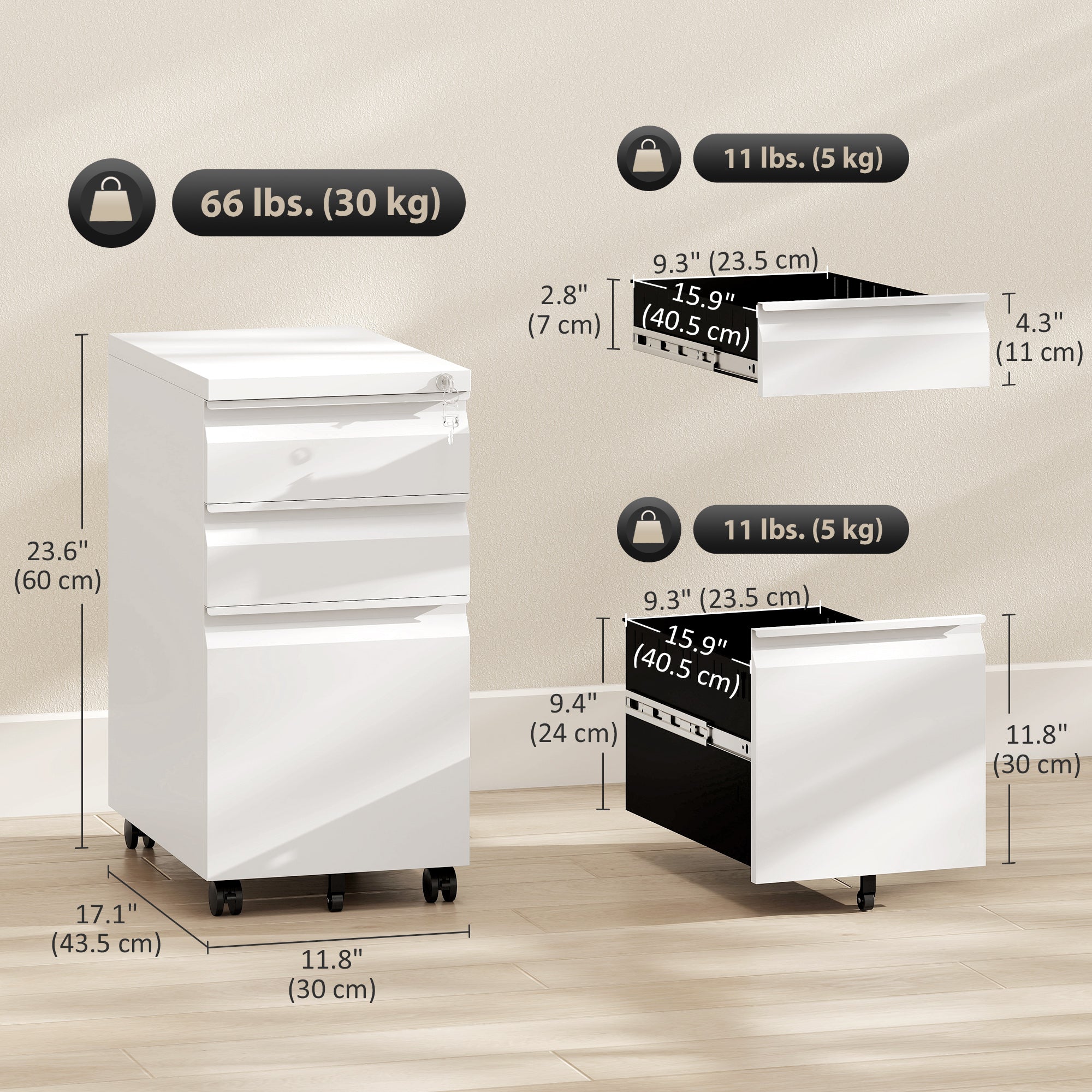 3-Drawer Steel Filing Cabinet with Lock - White Under Desk-Office Products > Office Furniture > Office Cabinets & Cupboards-DECOROLALA
