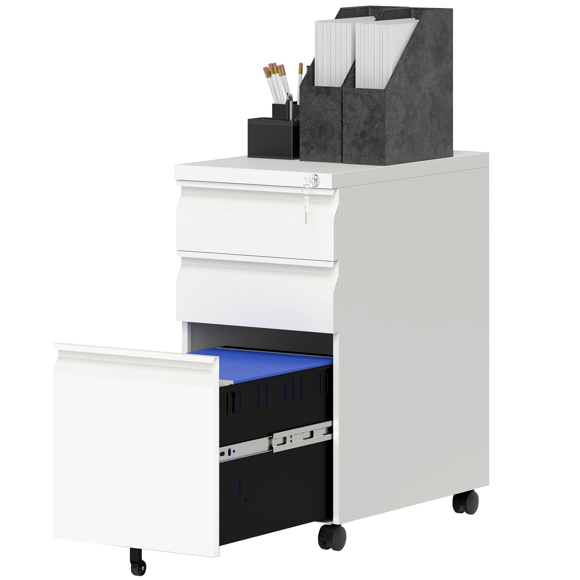 3-Drawer Steel Filing Cabinet with Lock - White Under Desk-Office Products > Office Furniture > Office Cabinets & Cupboards-DECOROLALA