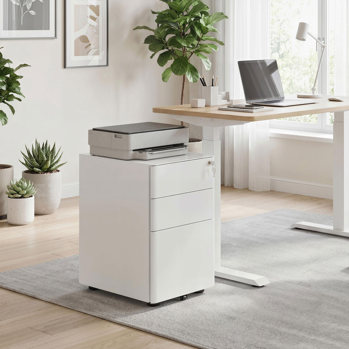 3-Drawer Steel Filing Cabinet with Lock and Wheels - White-Office Products > Office Furniture > Office Cabinets & Cupboards-DECOROLALA