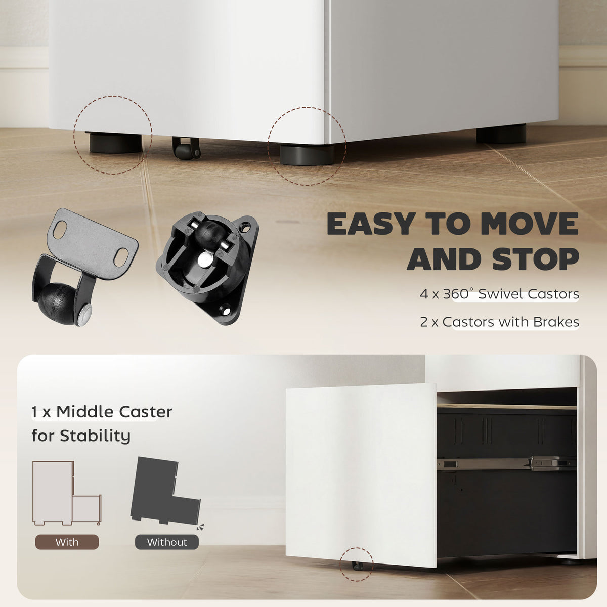 3-Drawer Steel Filing Cabinet with Lock and Wheels - White-Office Storage Cabinets-DECOROLALA
