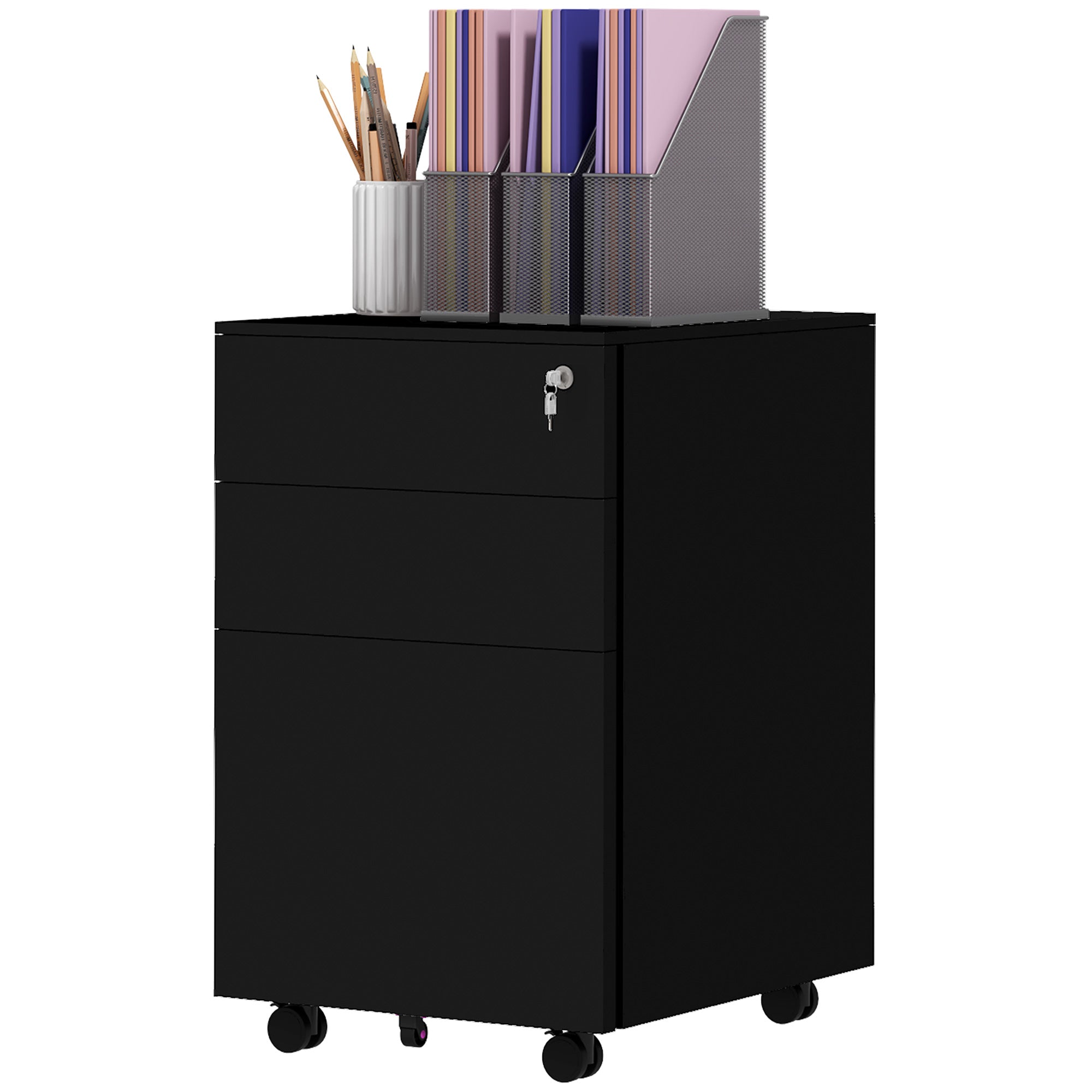 3-Drawer Steel Mobile Filing Cabinet - Black-Office Products > Office Furniture > Office Cabinets & Cupboards-DECOROLALA