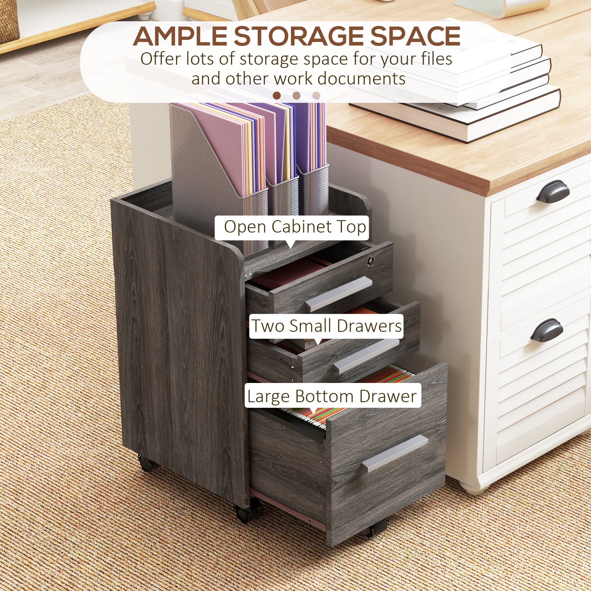3 Drawer Vertical File Cabinet, Mobile Filing Cabinet with Lock and Wheels for A4, Letter Size, Grey-Office Products > Office Furniture > Office Cabinets & Cupboards-DECOROLALA