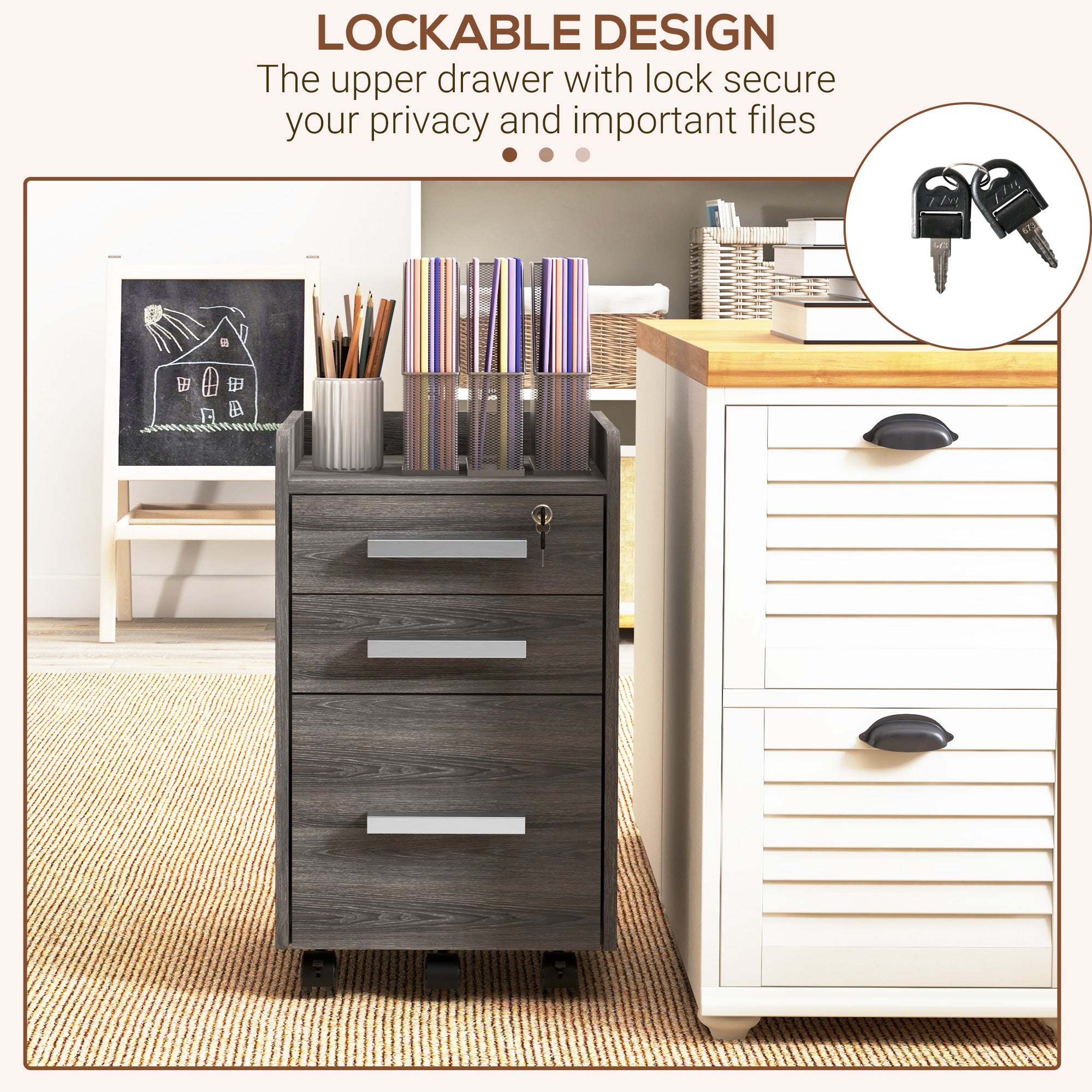 3 Drawer Vertical File Cabinet, Mobile Filing Cabinet with Lock and Wheels for A4, Letter Size, Grey-Office Products > Office Furniture > Office Cabinets & Cupboards-DECOROLALA