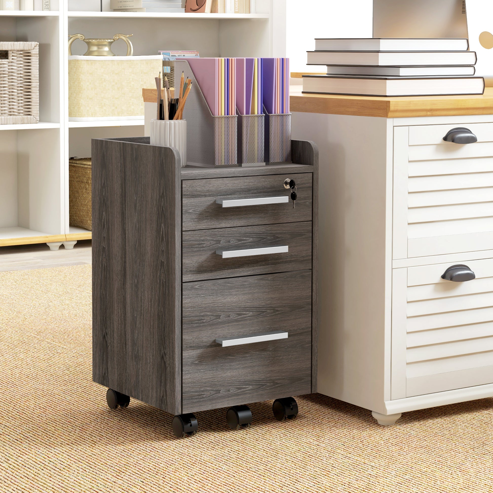 3 Drawer Vertical File Cabinet, Mobile Filing Cabinet with Lock and Wheels for A4, Letter Size, Grey-Office Products > Office Furniture > Office Cabinets & Cupboards-DECOROLALA