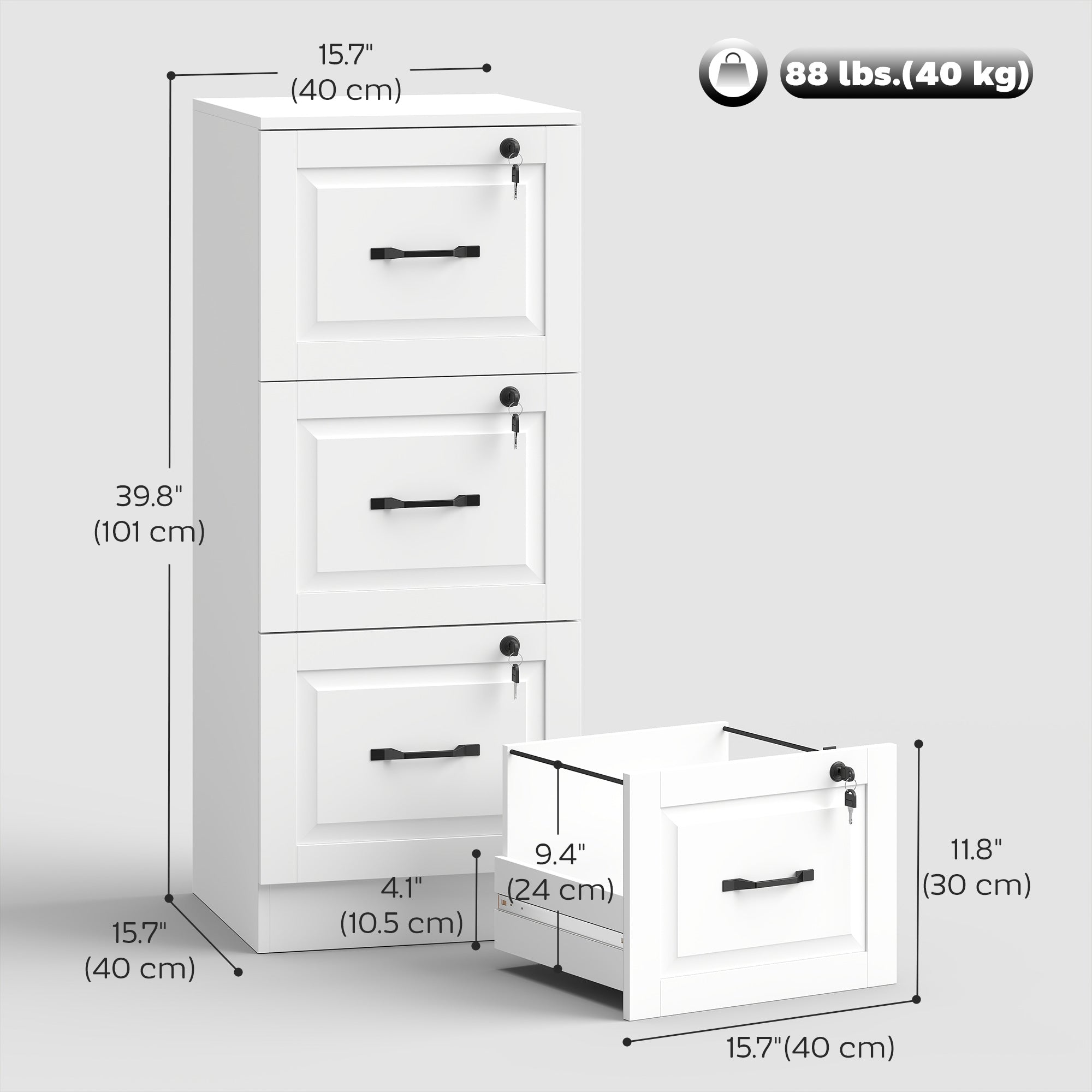 3-Drawer Vertical File Cabinet with Lock - White MDF 40" H-Office Products > Office Furniture > Office Cabinets & Cupboards-DECOROLALA
