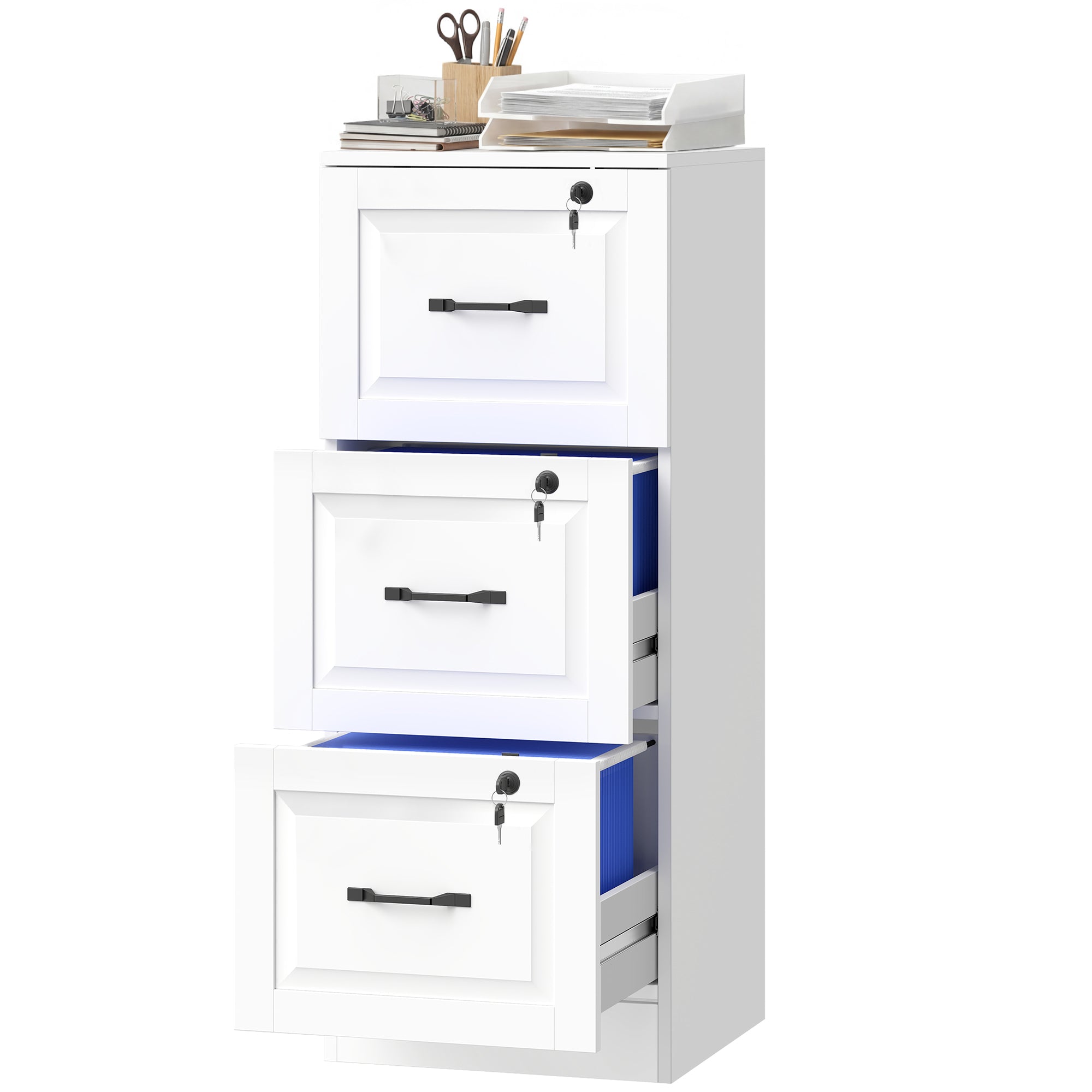 3-Drawer Vertical File Cabinet with Lock - White MDF 40" H-Office Products > Office Furniture > Office Cabinets & Cupboards-DECOROLALA