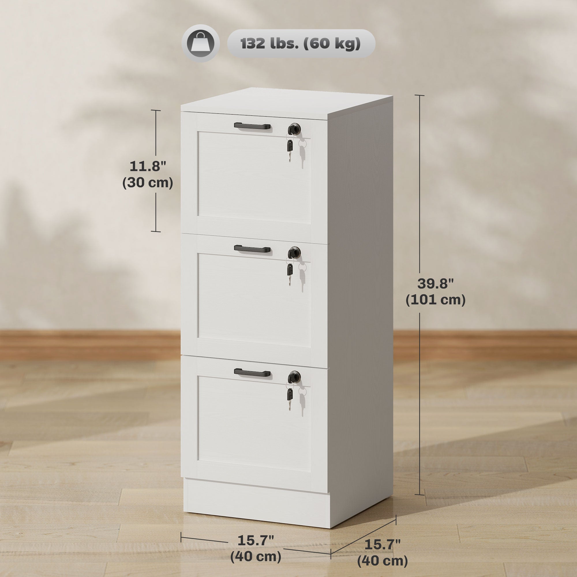 3-Drawer Vertical File Cabinet with Lock - White Wood MDF-Office Products > Office Furniture > Office Cabinets & Cupboards-DECOROLALA