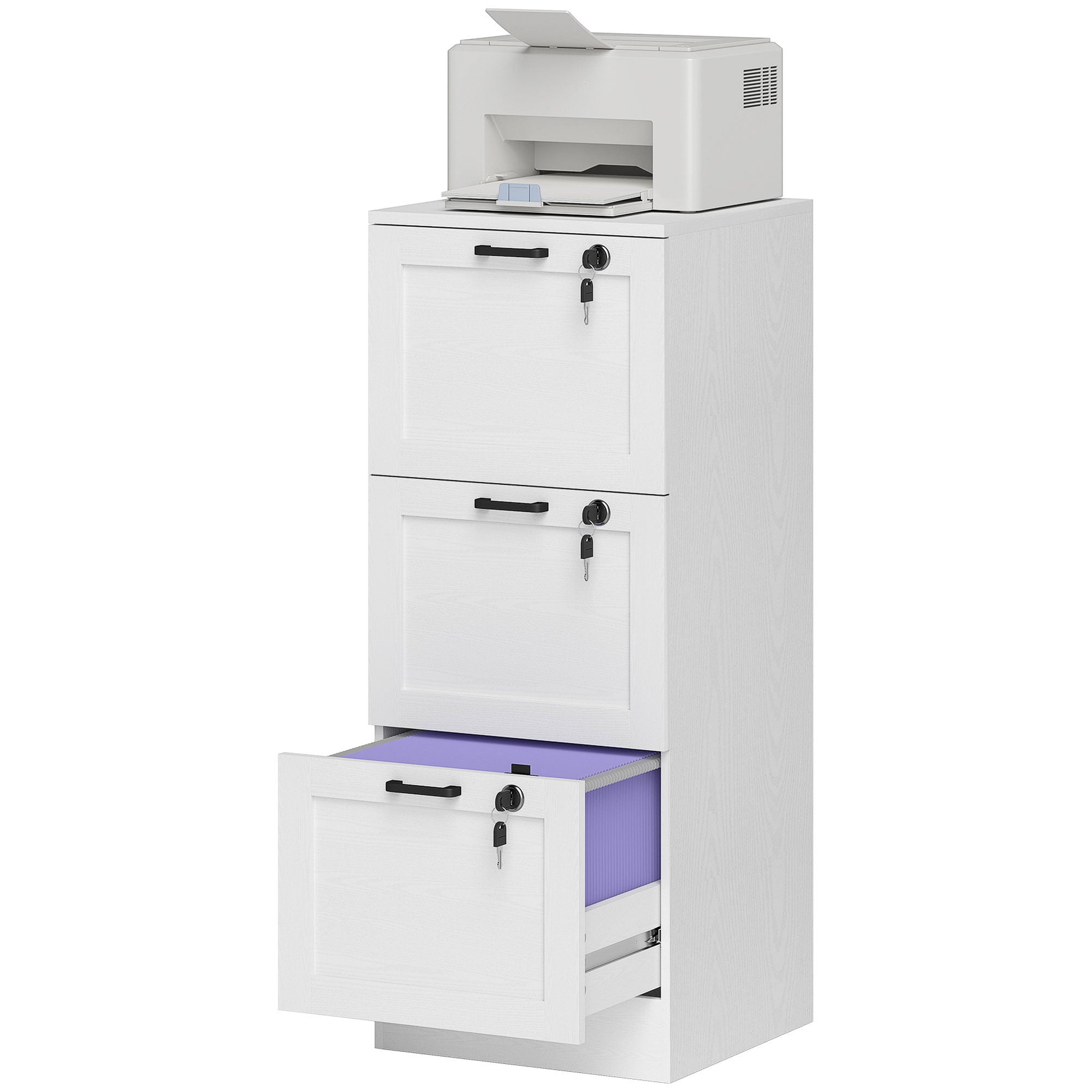 3-Drawer Vertical File Cabinet with Lock - White Wood MDF-Office Products > Office Furniture > Office Cabinets & Cupboards-DECOROLALA