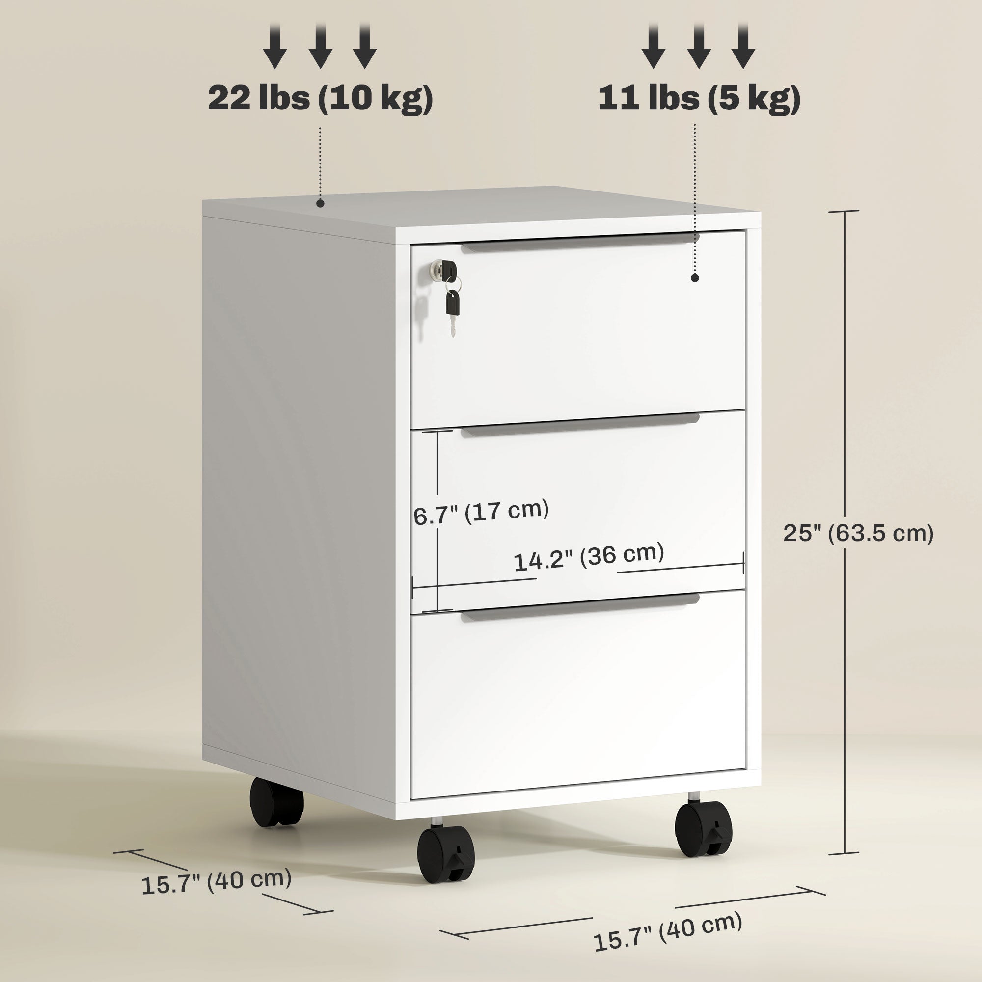 3-Drawer Vertical File Cabinet with Lock and Wheels - White-Office Products > Office Furniture > Office Cabinets & Cupboards-DECOROLALA