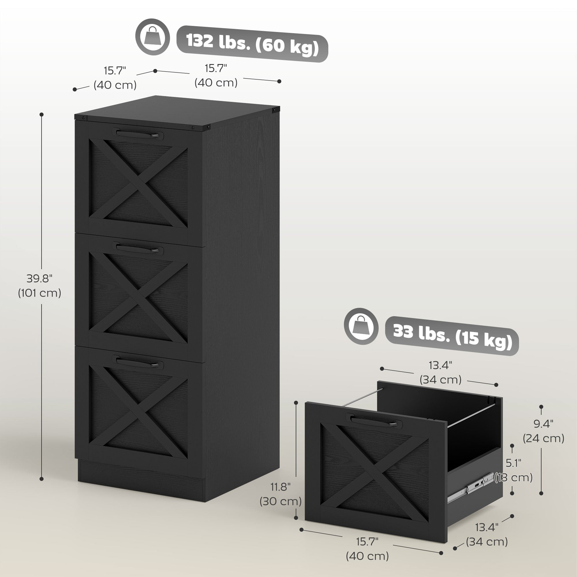 3-Drawer Vertical Filing Cabinet - Black Farmhouse Style-Office Products > Office Furniture > Office Cabinets & Cupboards-DECOROLALA