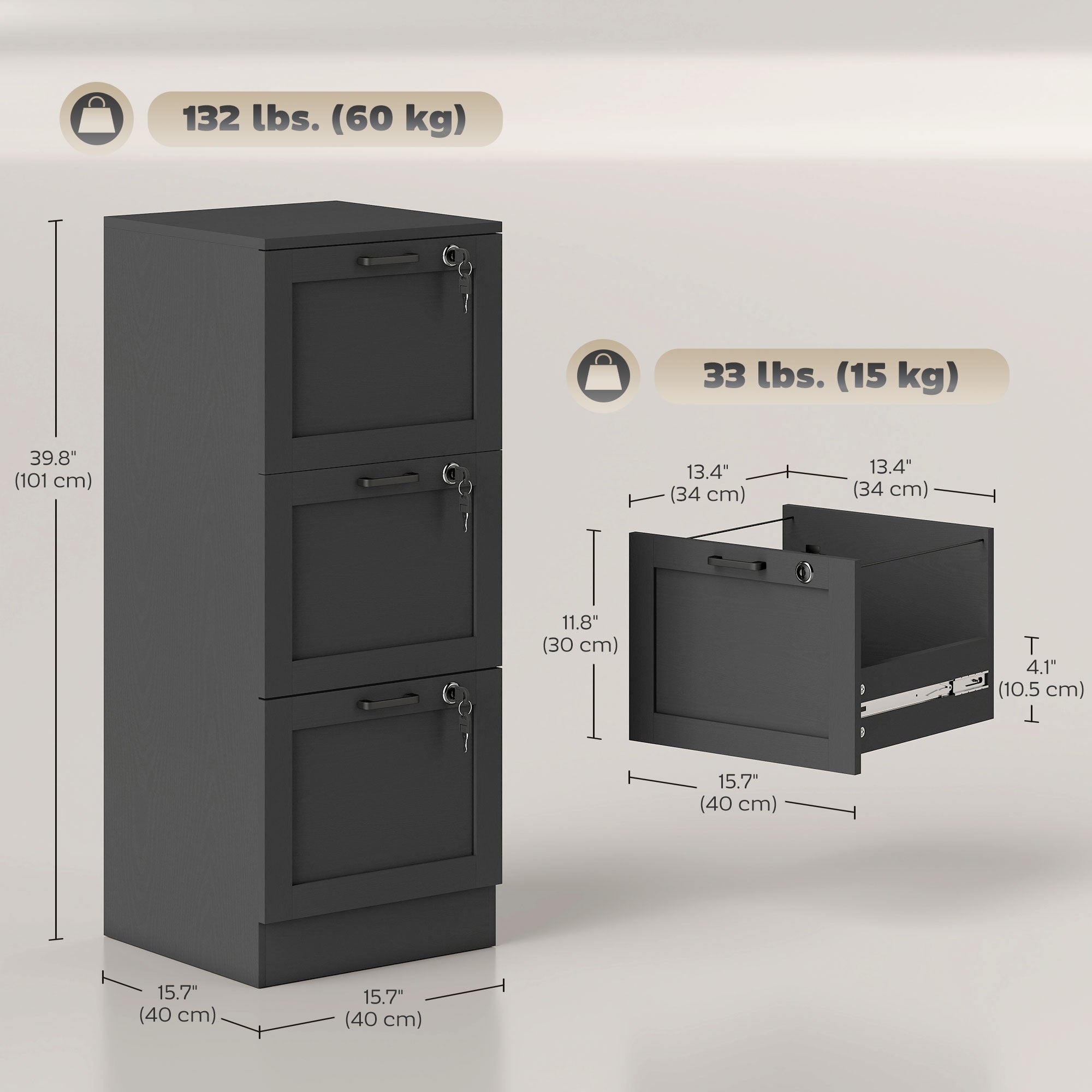 3-Drawer Vertical Filing Cabinet with Lock - Black Wood MDF-Office Products > Office Furniture > Office Cabinets & Cupboards-DECOROLALA